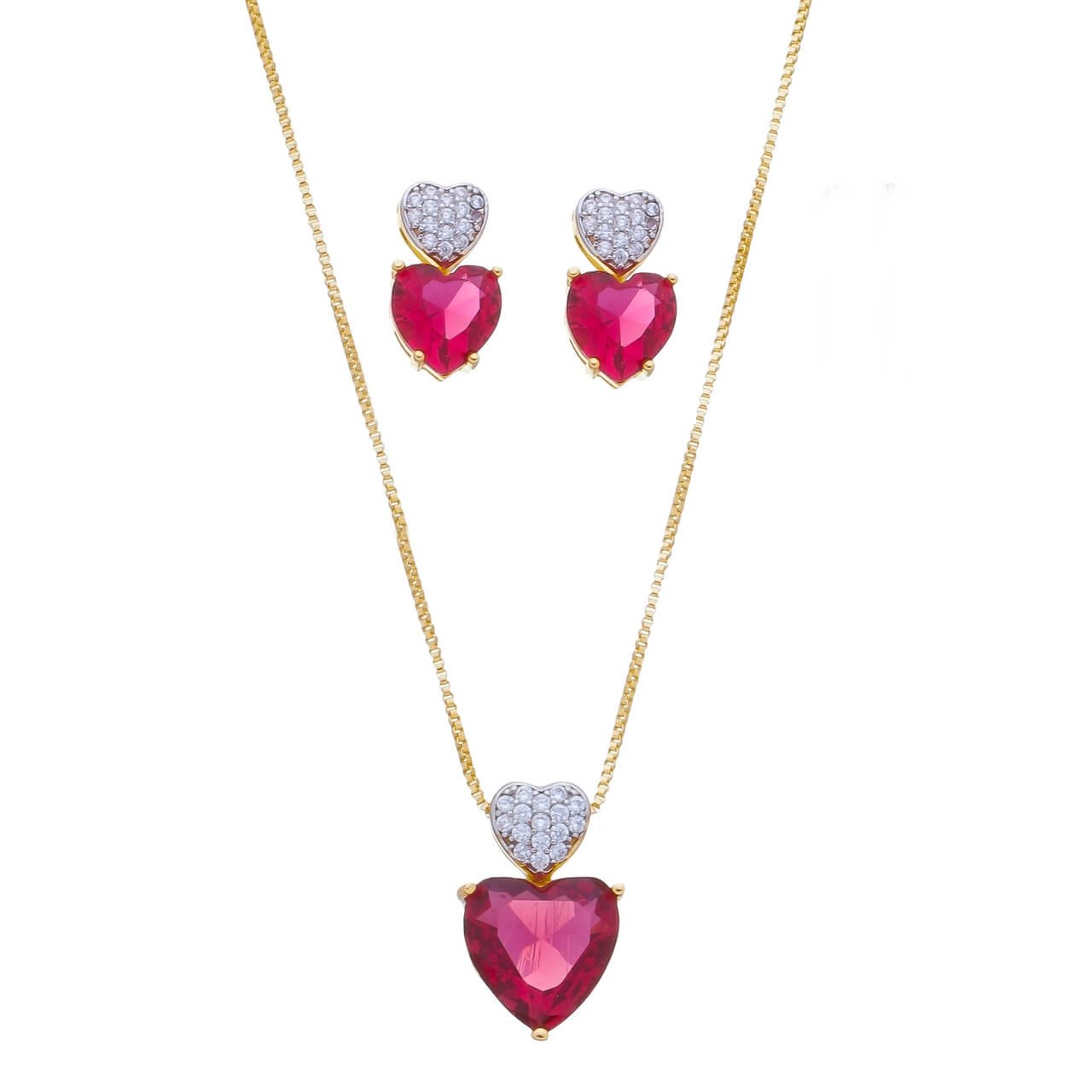 Conjunto Folheado a Ouro 18k Coração Rosa e Cravejado