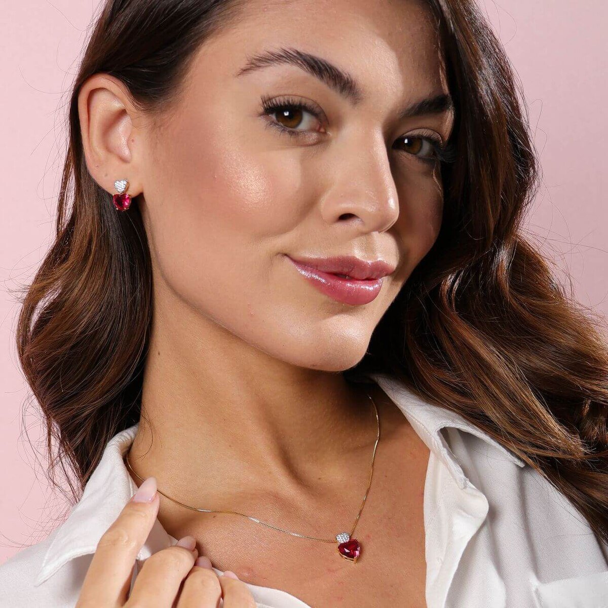 Conjunto Folheado a Ouro 18k Coração Rosa e Cravejado Ouro 18K/Rosa 4