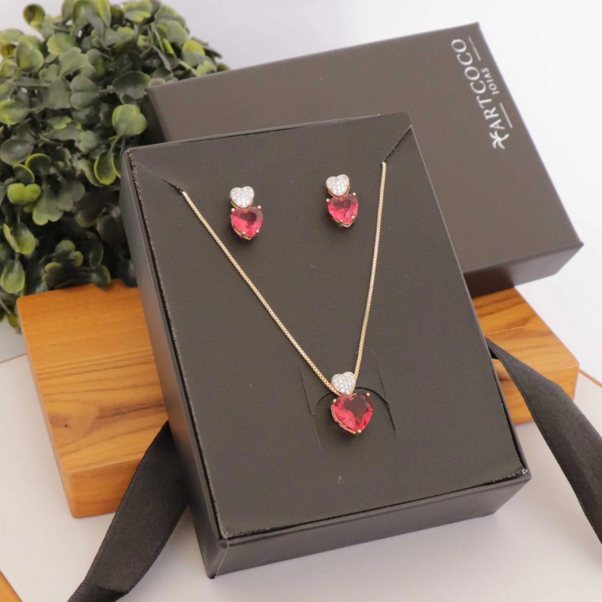 Conjunto Folheado a Ouro 18k Coração Rosa e Cravejado Ouro 18K/Rosa 6