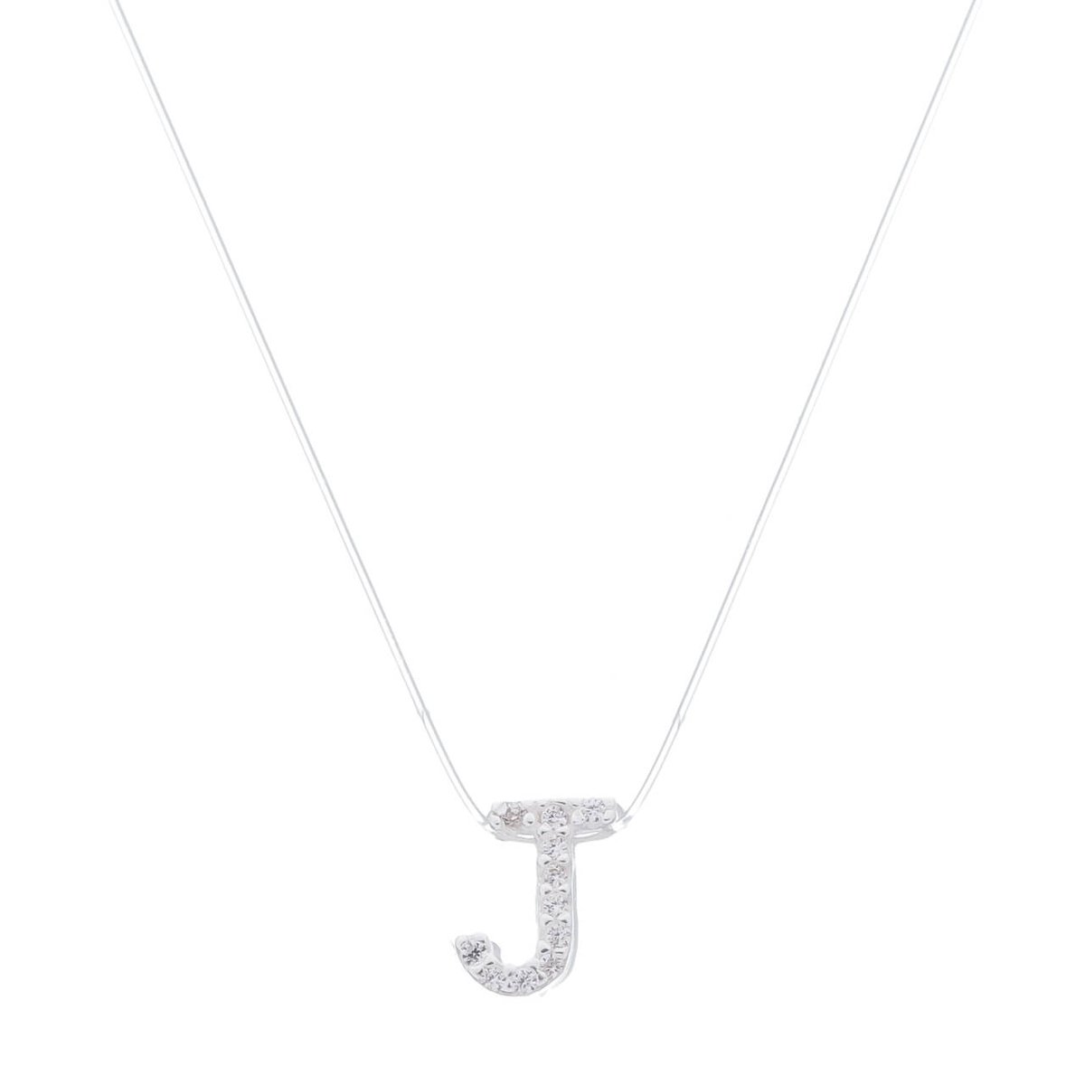 Colar Prata 925 Nylon Pingente Letra J Cravejado Zircônia Prata 1