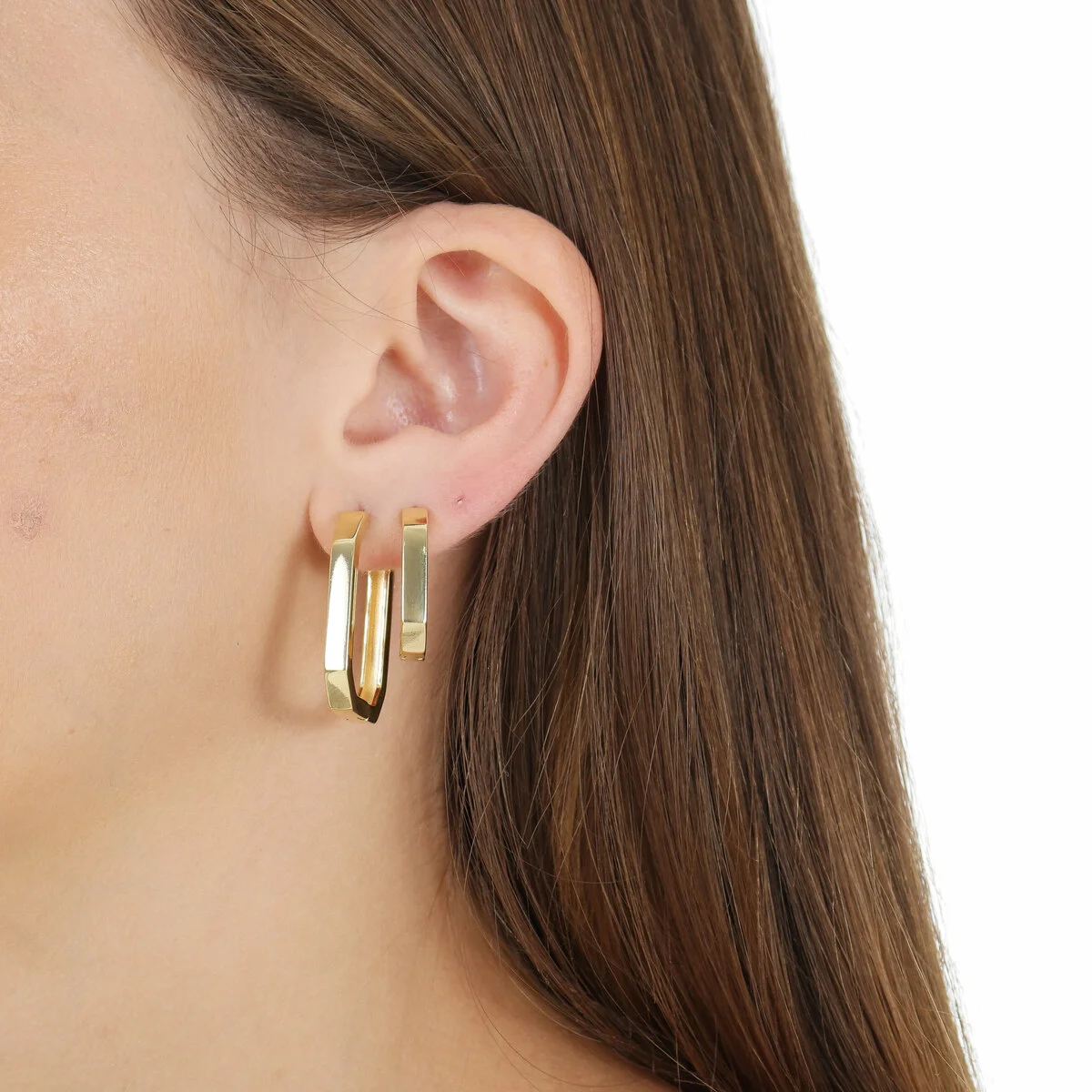 Kit Argola Folheado a Ouro 18k Tranqueta Retangular Lisa P e M Dourado 2