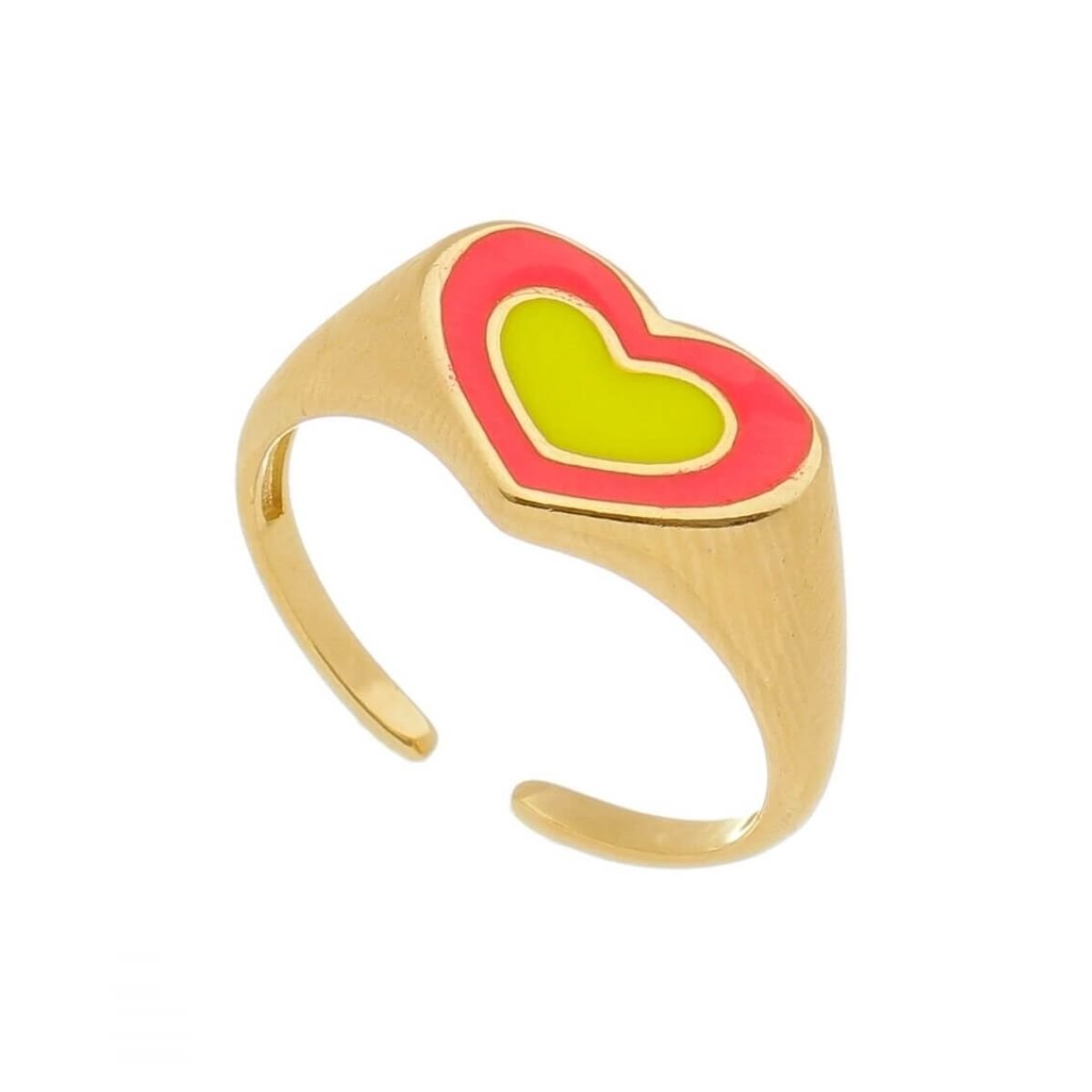 Anel Folheado a Ouro 18k Regulável Coração Rosa e Verde