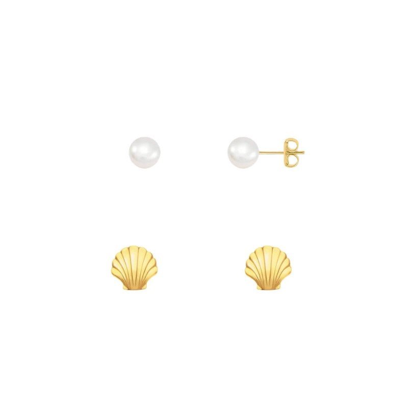 Kit 2 Brincos Folheado a Ouro 18k Concha e Pérola P Dourado 1