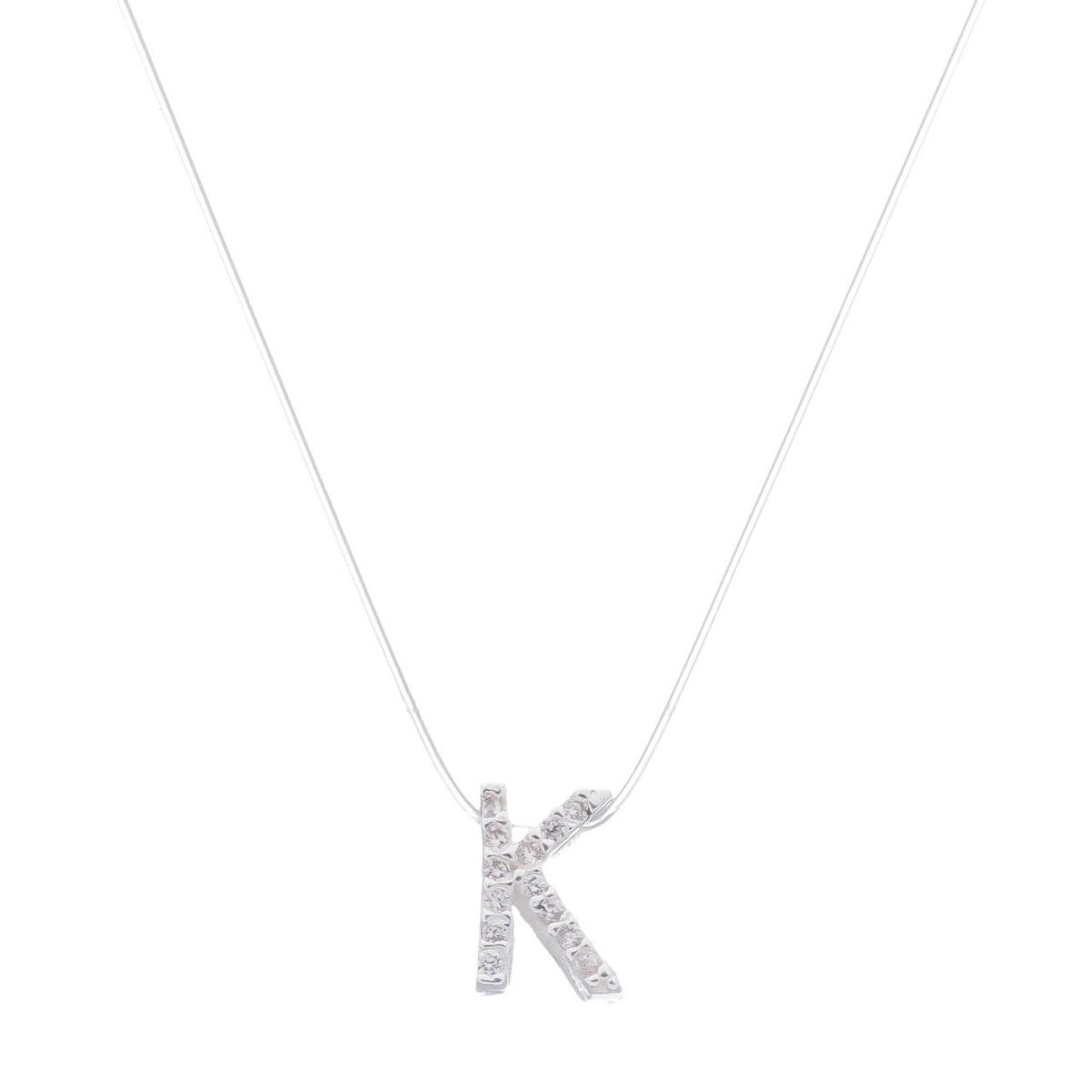 Colar Prata 925 Nylon Pingente Letra K Cravejado Zircônia