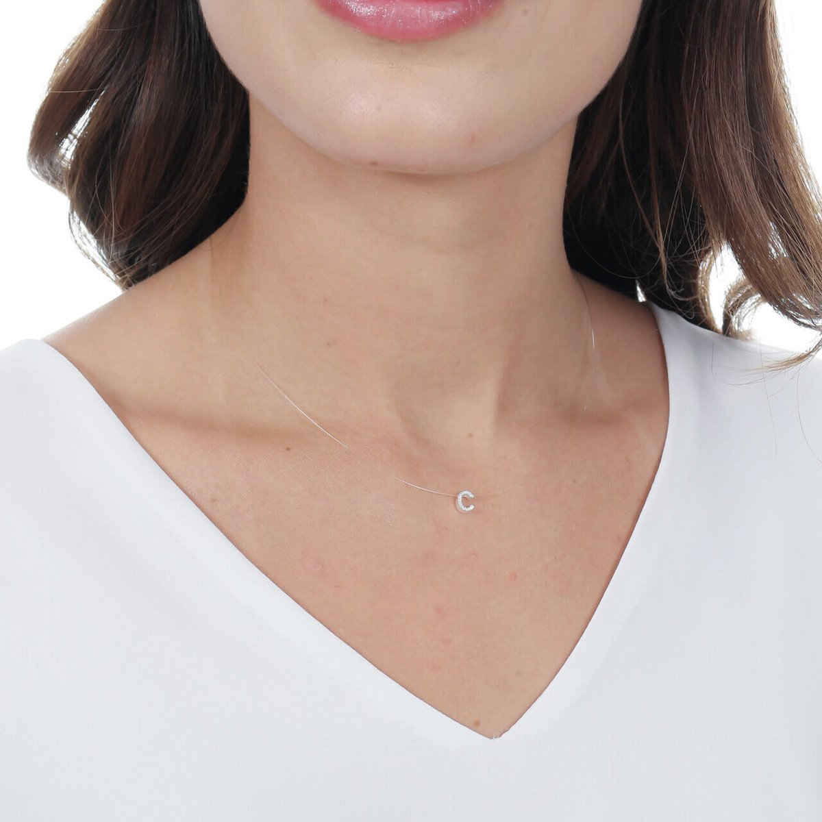 Colar Prata 925 Nylon Pingente Letra C Cravejado Zircônia Prata 2