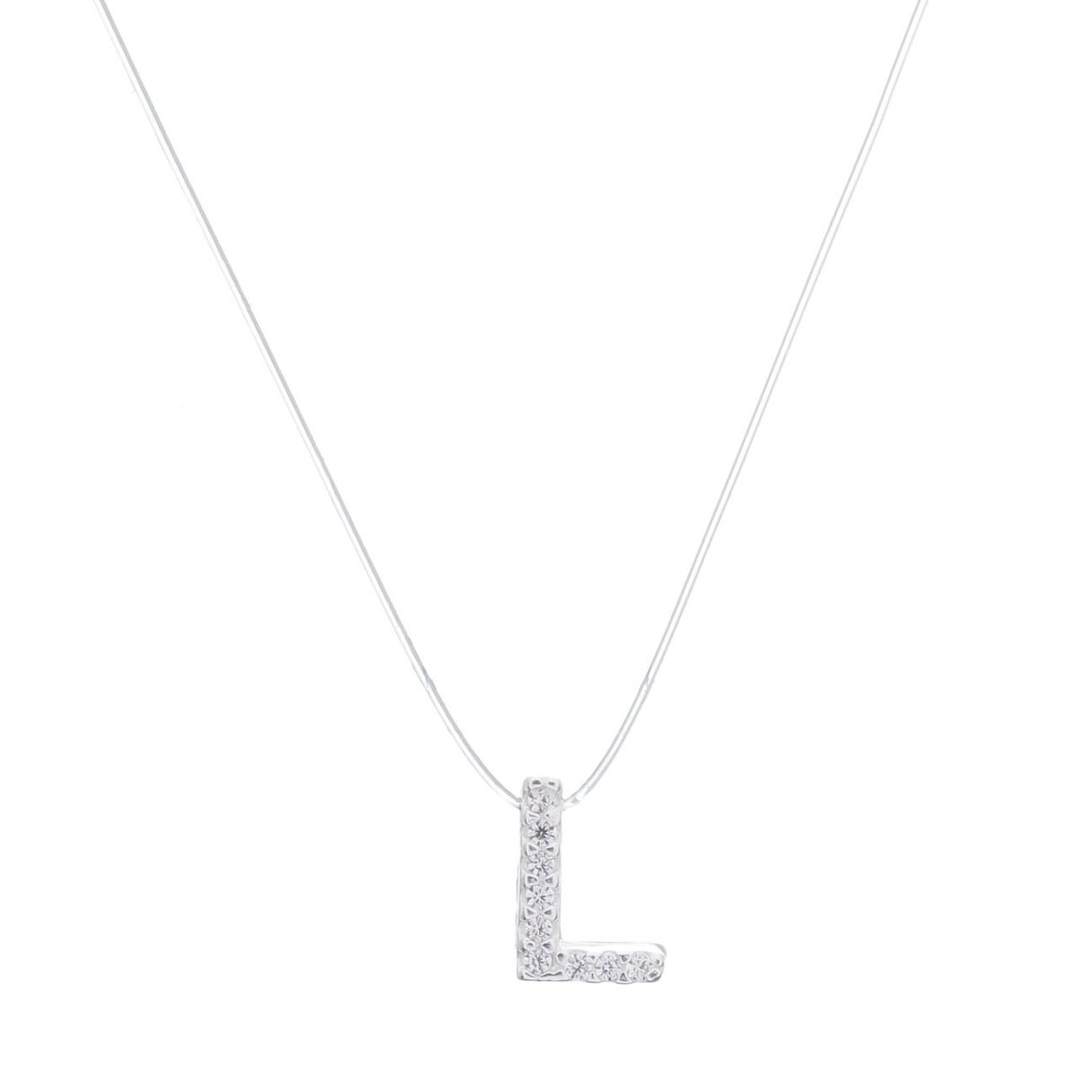 Colar Prata 925 Nylon Pingente Letra L Cravejado Zircônia