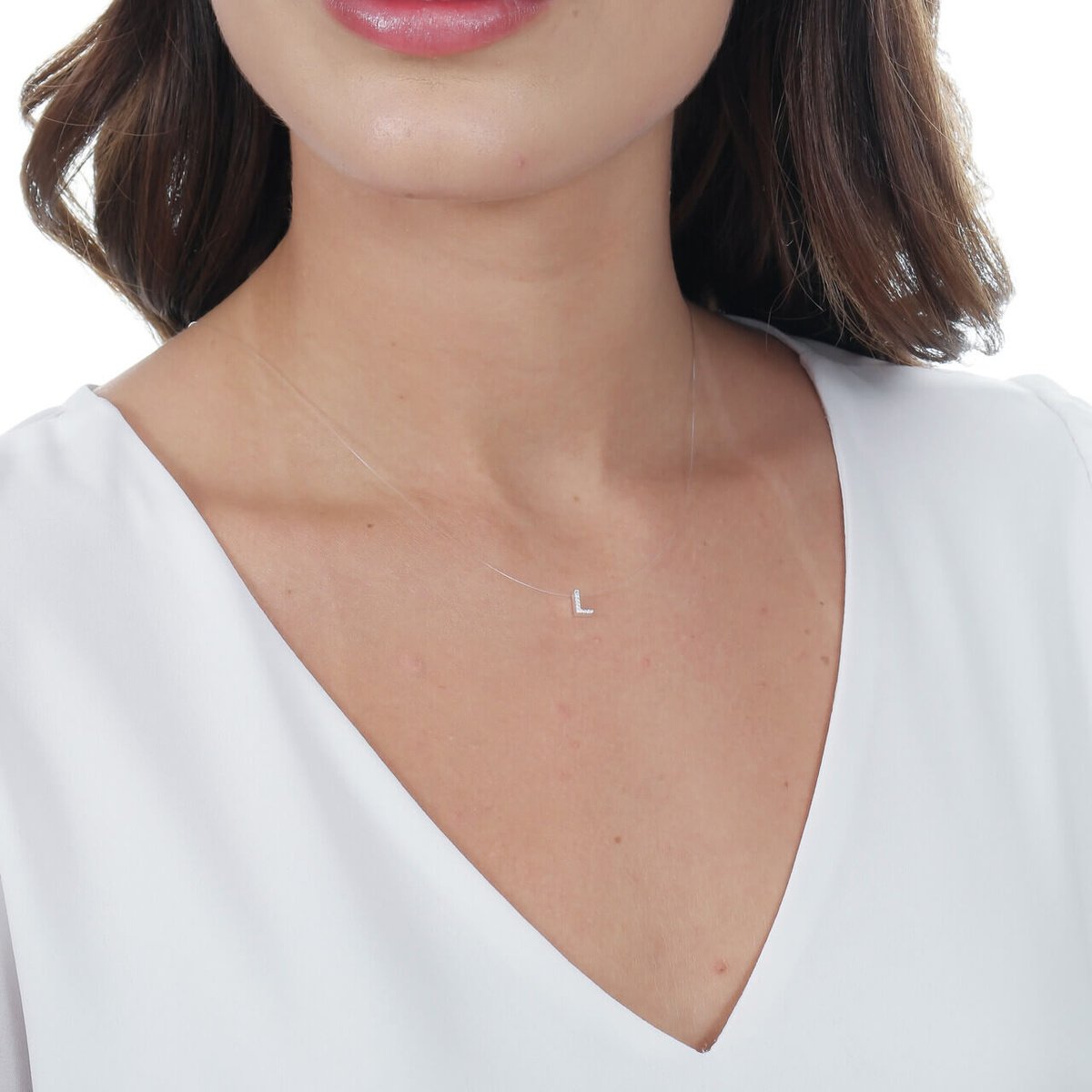 Colar Prata 925 Nylon Pingente Letra L Cravejado Zircônia Prata 2