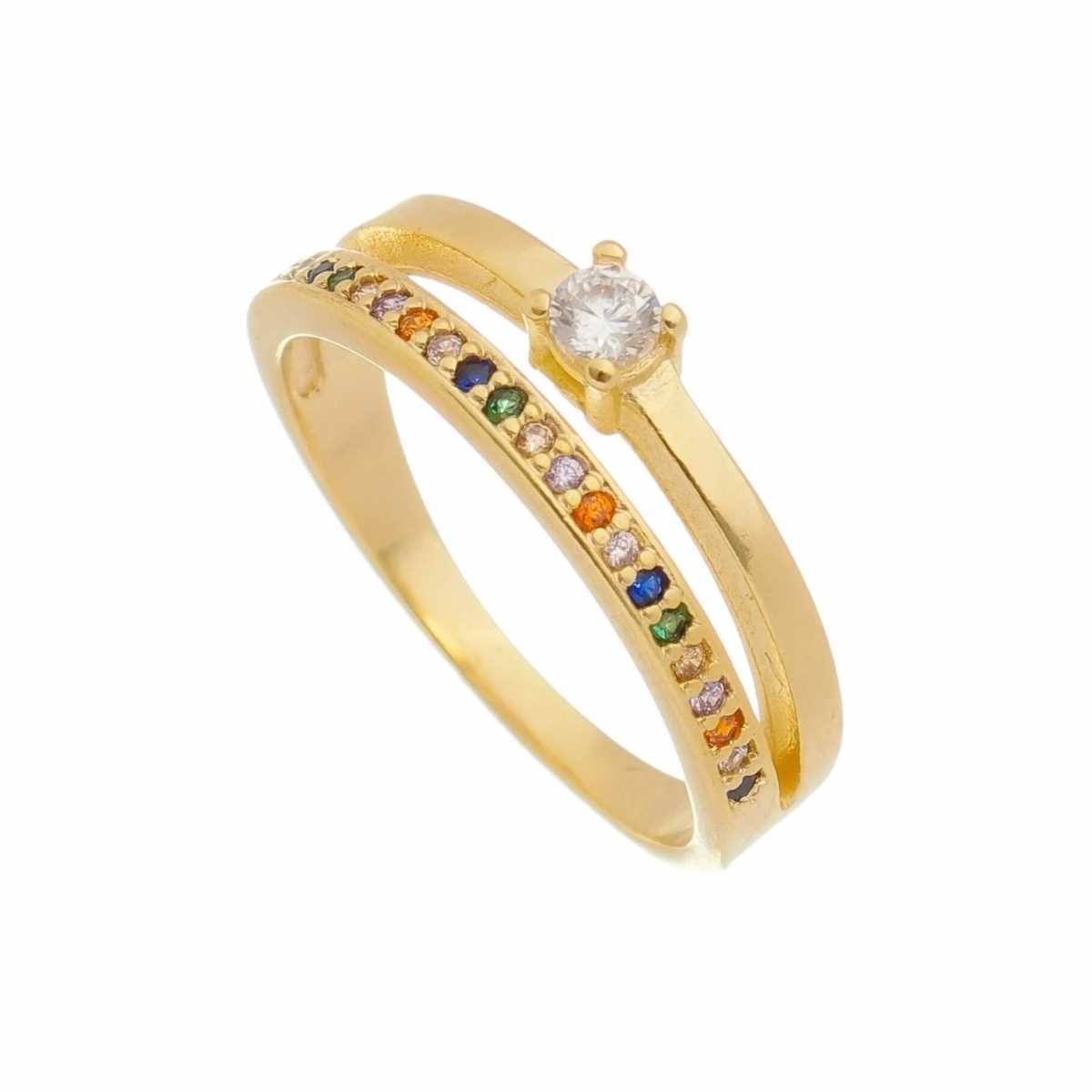 Anel Folheado a Ouro 18k Aro Duplo Solitário e Aparador Colorido Dourado 1