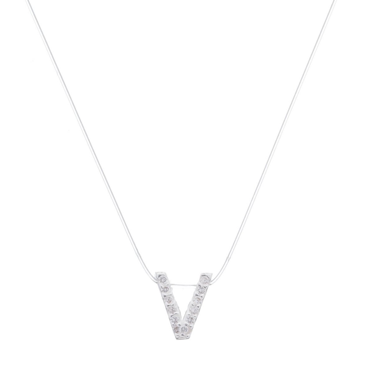 Colar Prata 925 Nylon Pingente Letra V Cravejado Zircônia