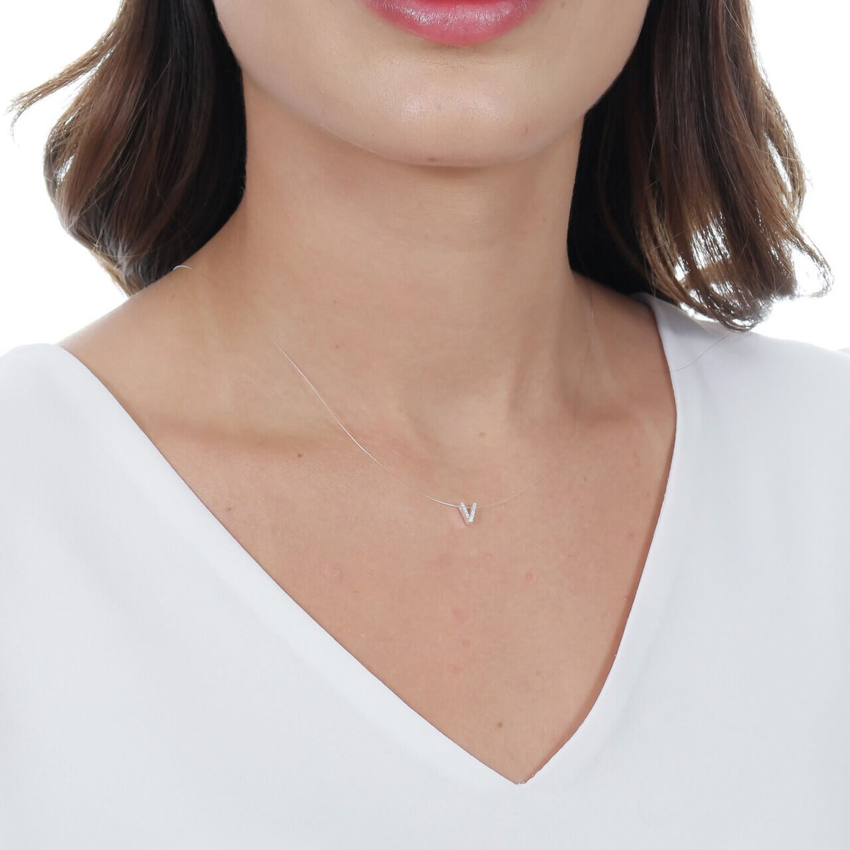 Colar Prata 925 Nylon Pingente Letra V Cravejado Zircônia Prata 2