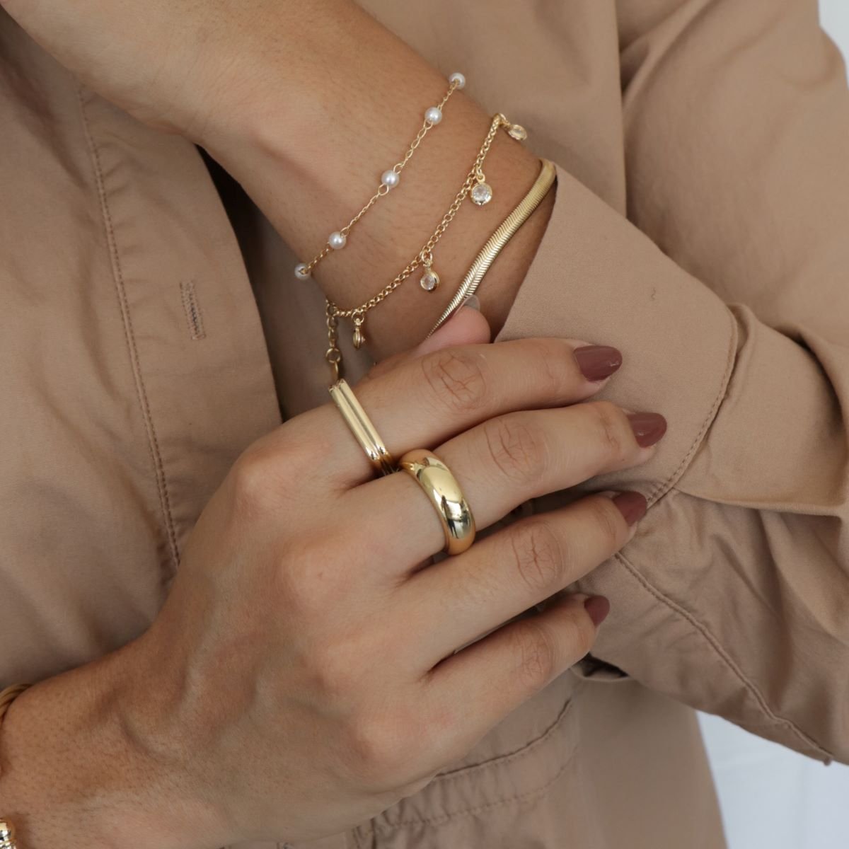 Pulseira Folheada a Ouro 18k Elo Groumet Pérolas P  Dourado 2