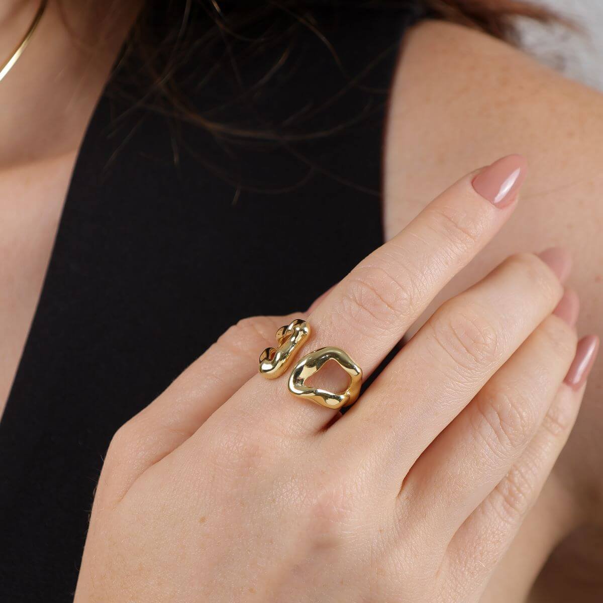 Anel Folheado a Ouro 18k Regulável Orgânico Design Vazado Dourado 2
