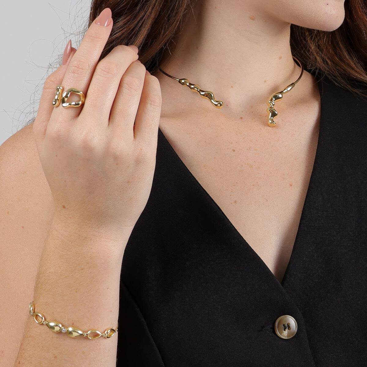 Anel Folheado a Ouro 18k Regulável Orgânico Design Vazado Dourado 3