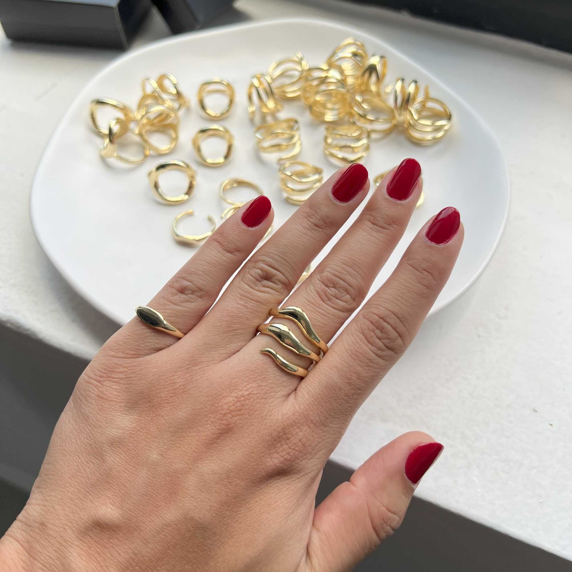 Anel Folheado a Ouro 18k Orgânico Ondas Triplo Dourado 12
