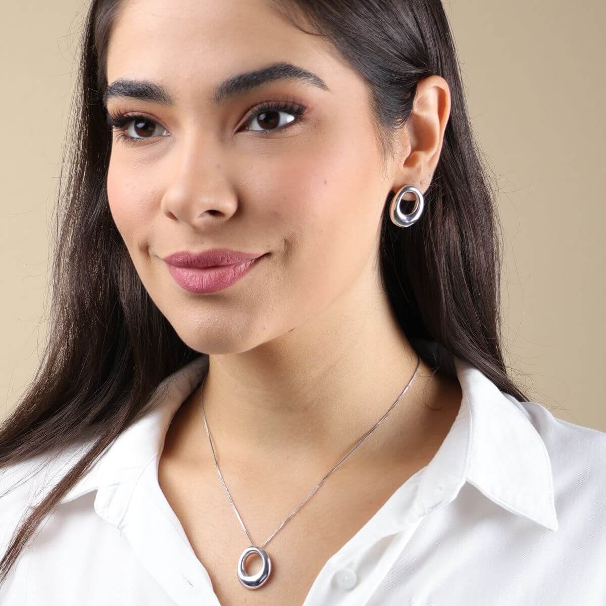 Conjunto Folheado a Ródio Orgânico Geométrico Oval M Prata 2