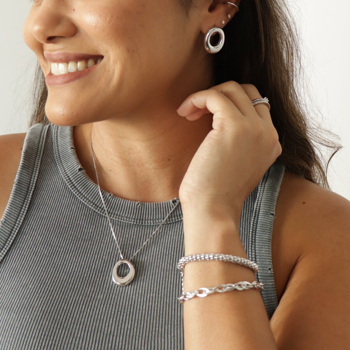Conjunto Folheado a Ródio Orgânico Geométrico Oval M Prata 3