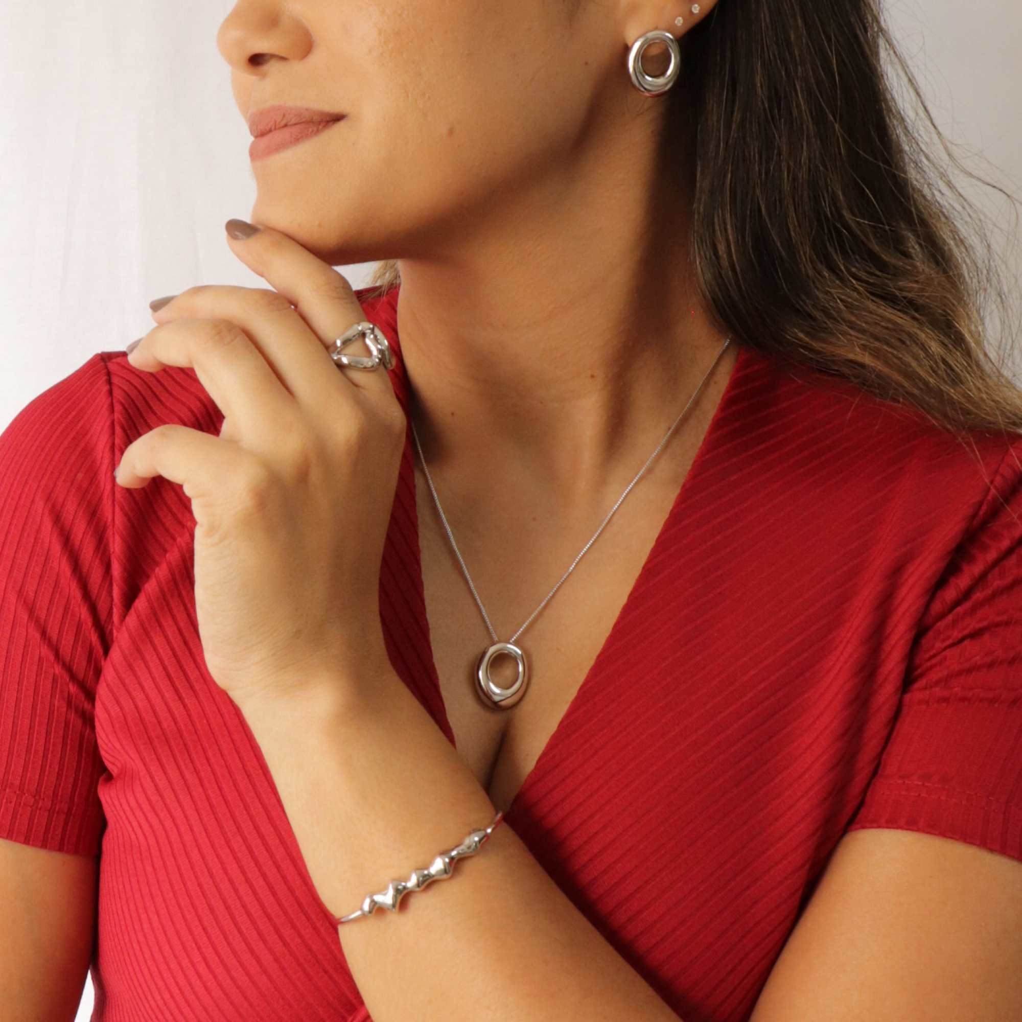 Conjunto Folheado a Ródio Orgânico Geométrico Oval M Prata 4