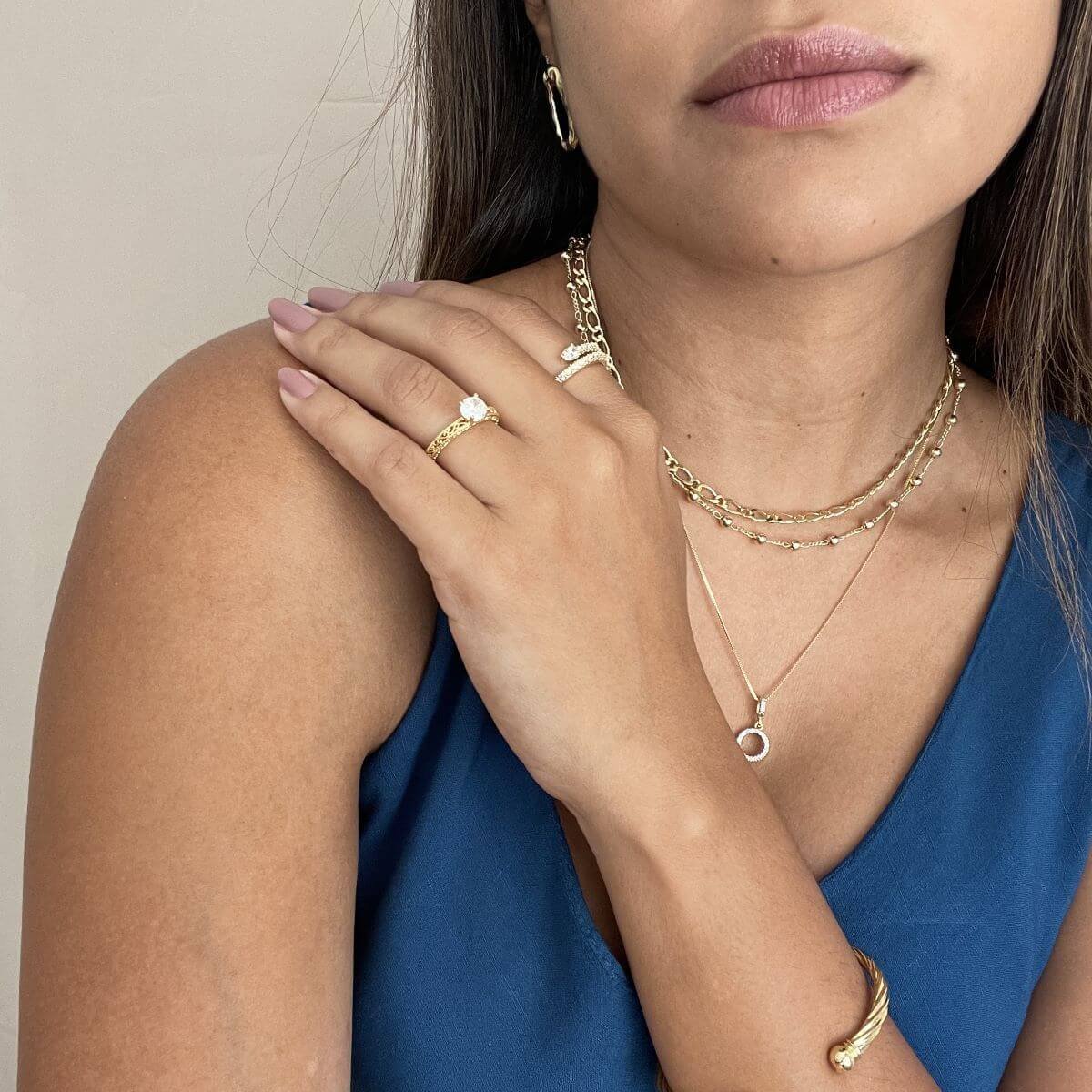 Anel Folheado a Ouro 18k Duplo Cravejado em Zircônias Dourado 2