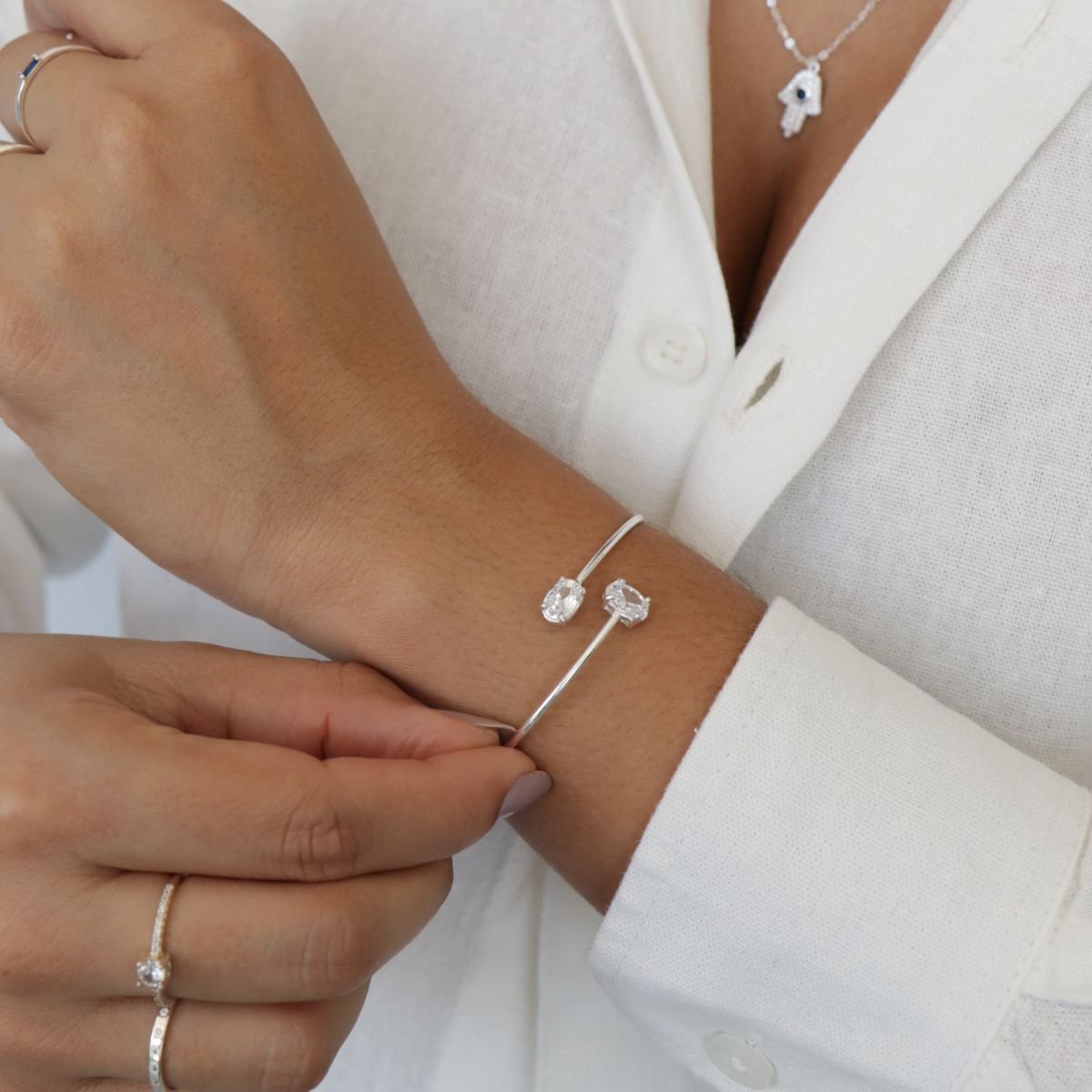 Bracelete Prata 925 Zircônia Oval Transparente Prata 2
