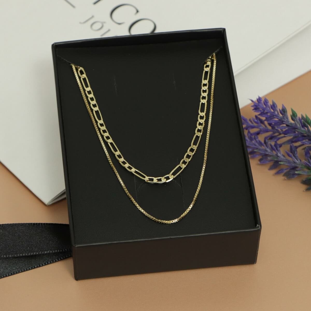 Kit Colar Duplo Elo Fígaro e Veneziana Folheado a Ouro 18k + Embalagem de Presente Ouro 18k 3