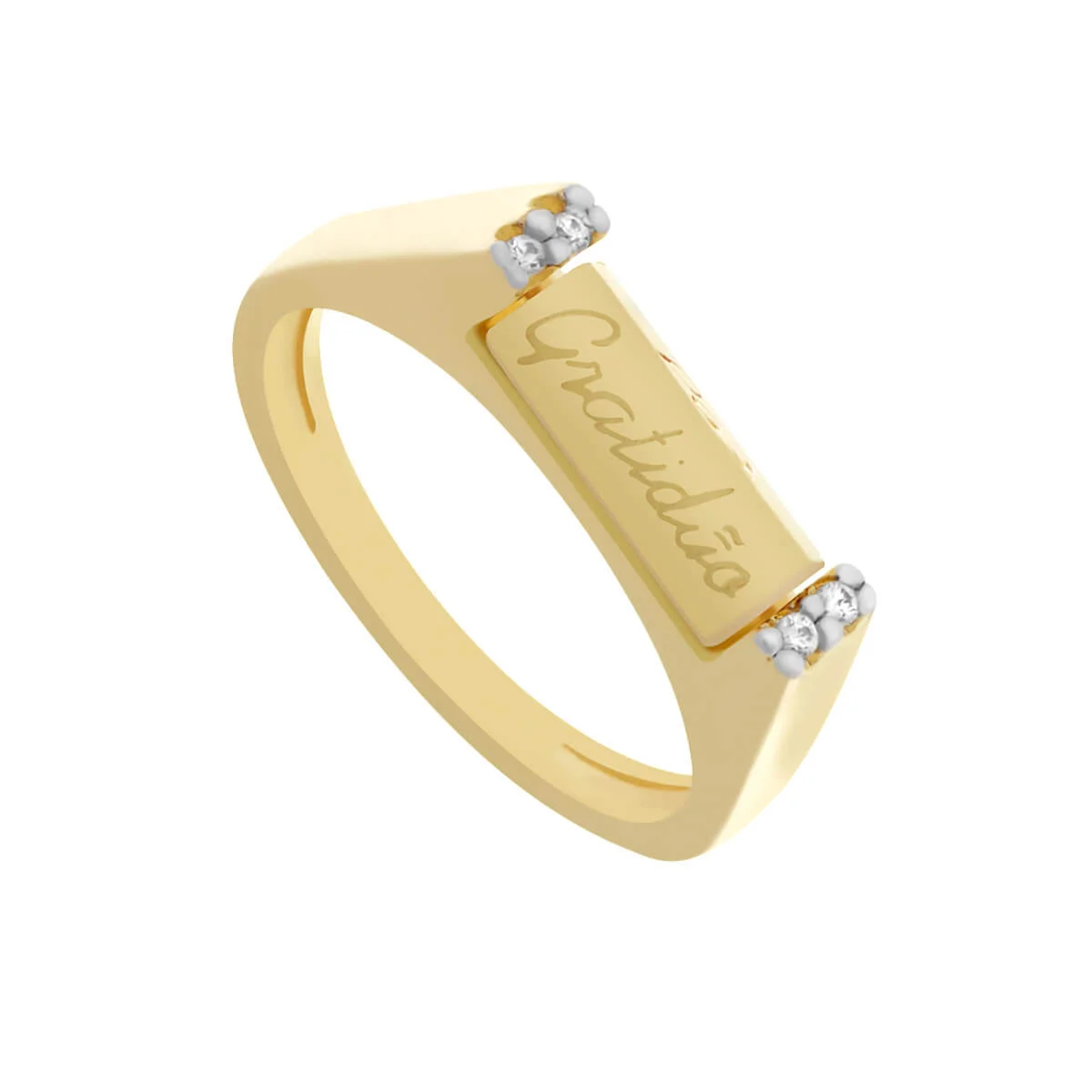 Anel Folheado a Ouro 18k Cubo Giratório Plaquinha Paz, Amor, Fé e Gratidão Dourado 2