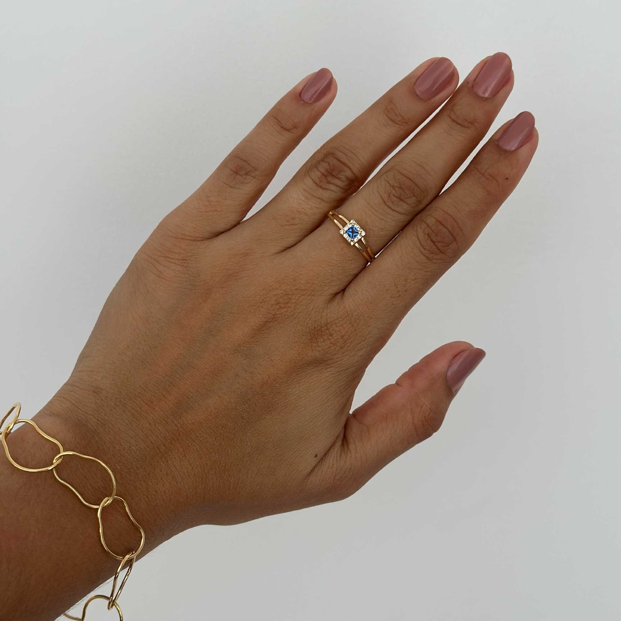 Anel Folheado a Ouro 18k Solitário Quadrado Zircônia Azul  Ouro 18k/Azul 6