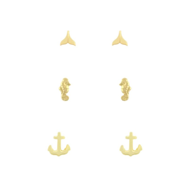 Kit 3 Brincos Folheado a Ouro 18k Cavalo Marinho, Âncora e Rabo de Baleia Dourado 1