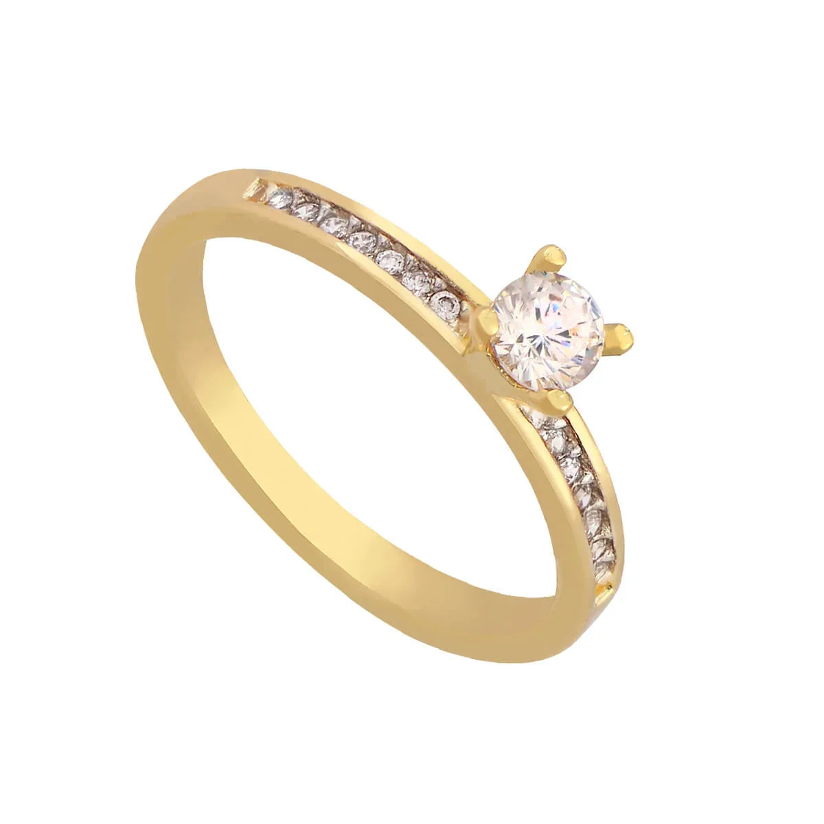 Anel Folheado a Ouro 18k Solitário Aro Cravejado Zircônia