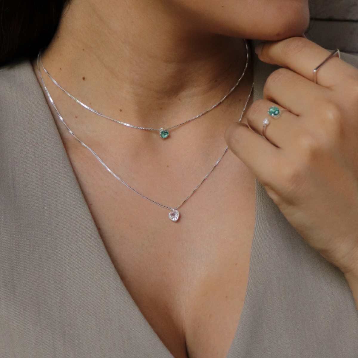 Colar Prata 925 Zircônia Redonda Verde Prata 2