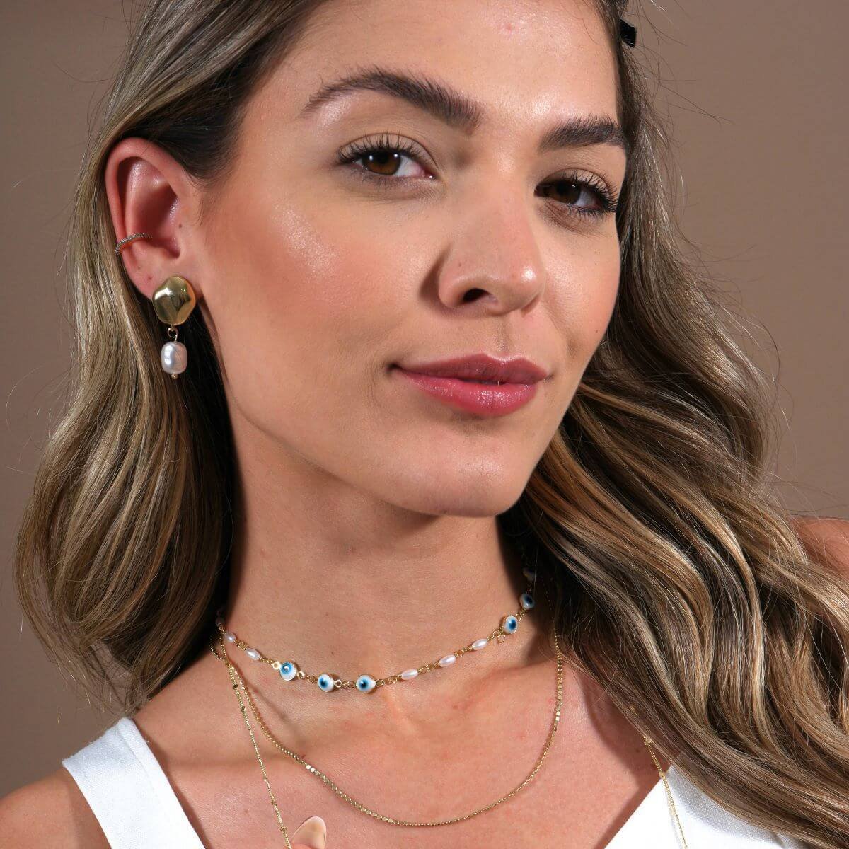 Brinco Folheado a Ouro 18k Achatado e Pérola Ouro 18k 3