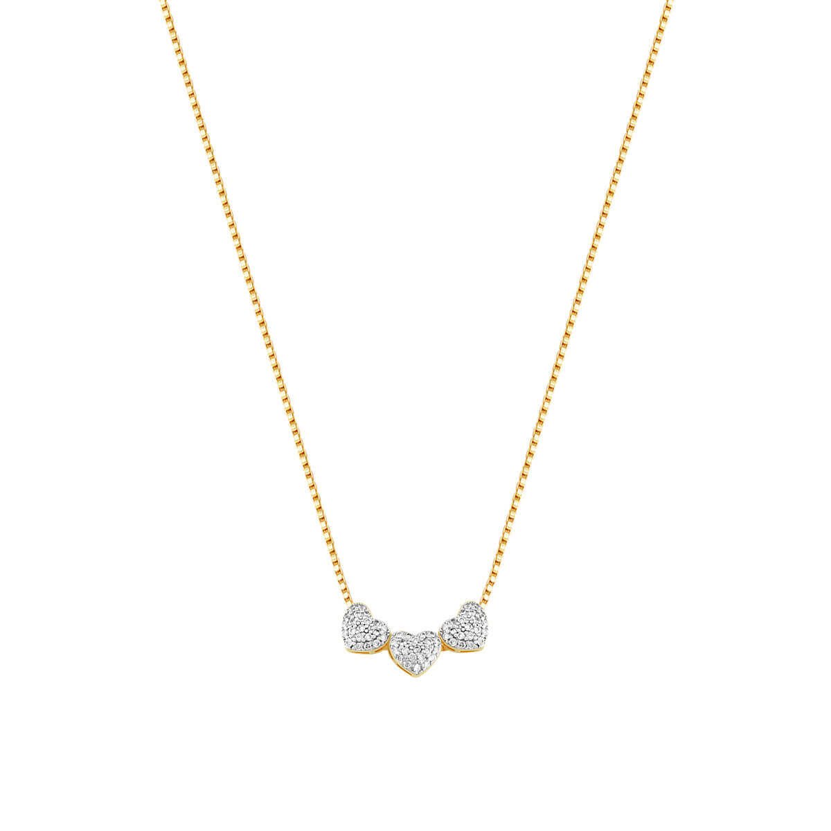 Colar Folheado a Ouro 18k 3 Corações Cravejados Zircônias 