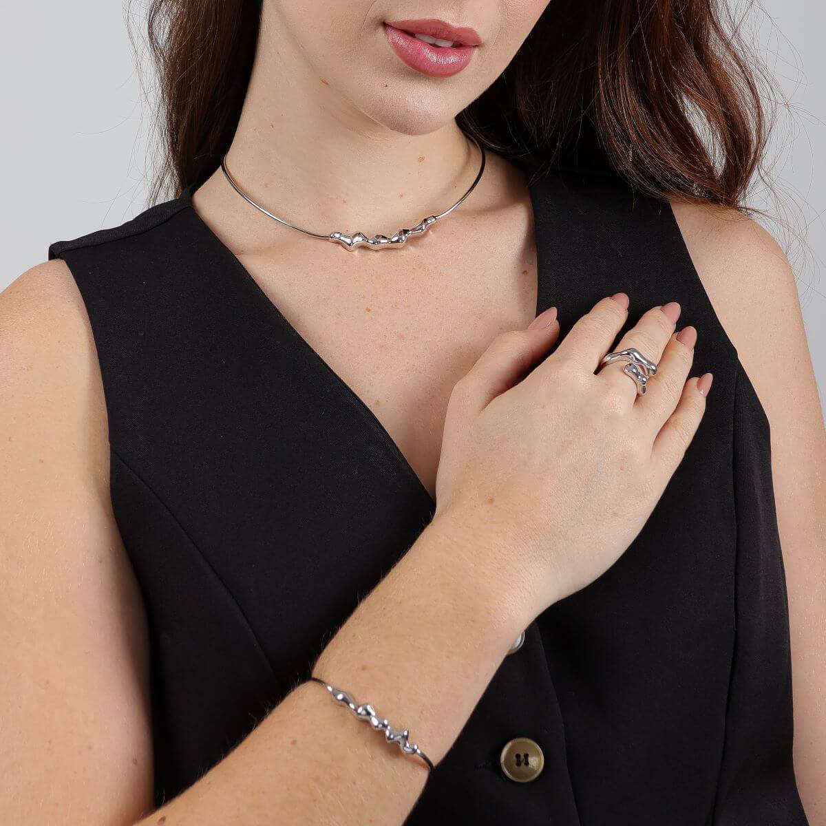 Bracelete Folheado a Ródio Detalhes Orgânico Prata 3