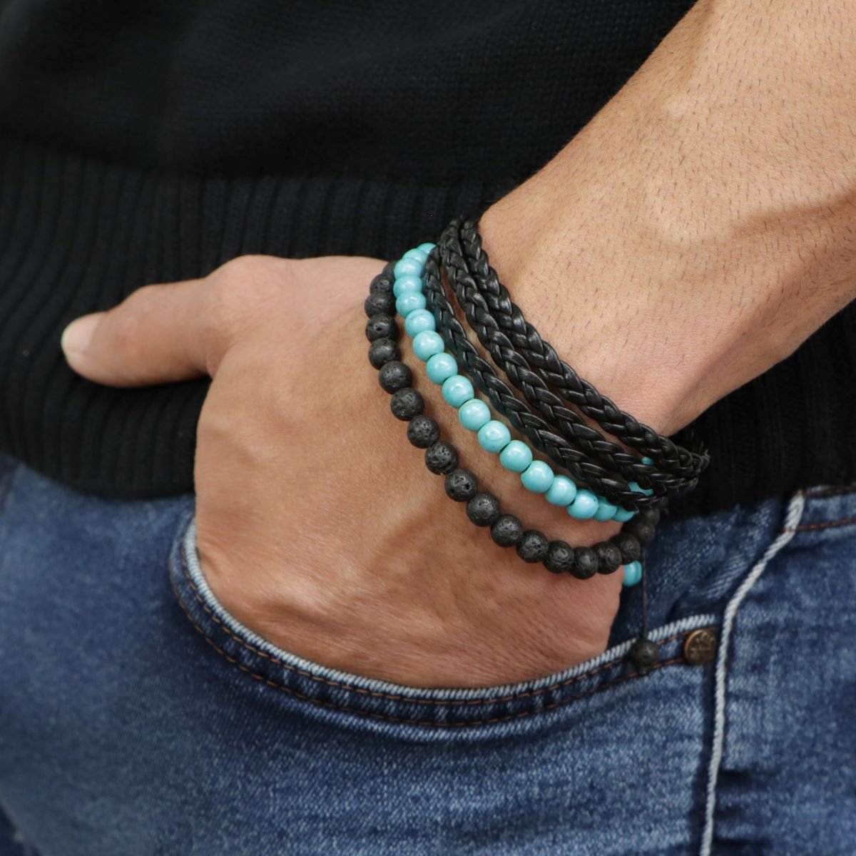 Pulseira Cordão Preto com Vulcânica Preto 2