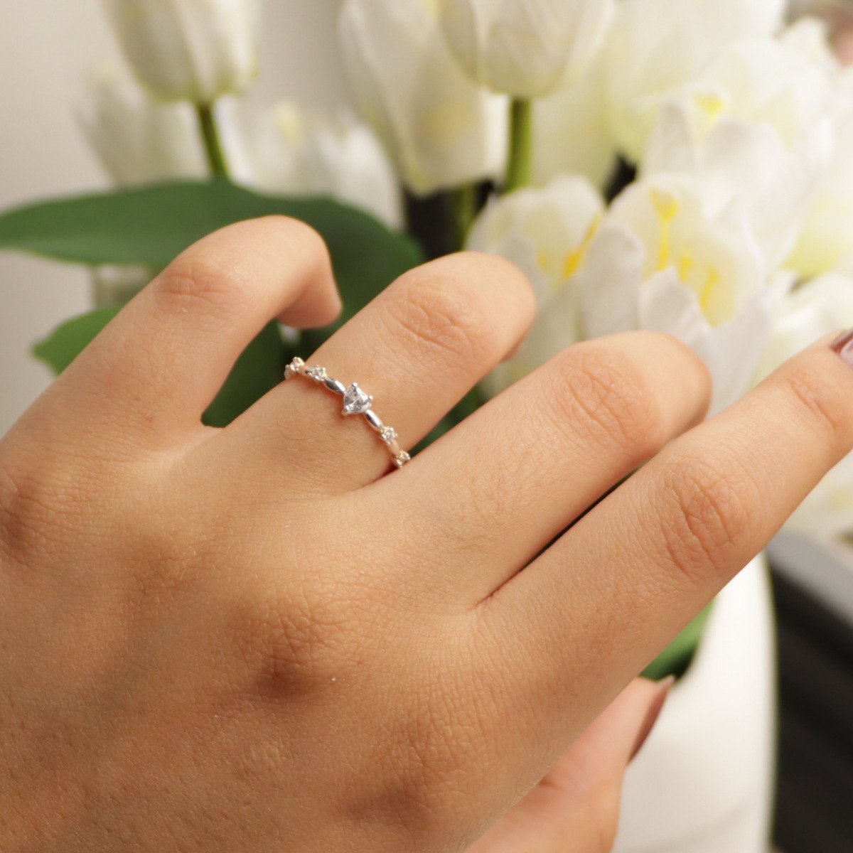 Anel Prata 925 Gominhos e Coração Zircônia Prata 2