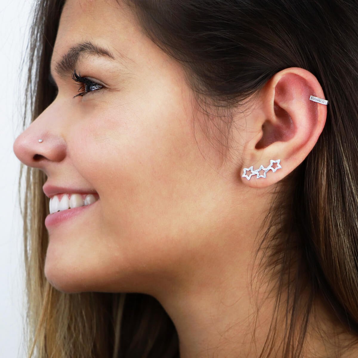 Brinco Prata 925 Ear Cuff Estrelas Vazadas Prata 2