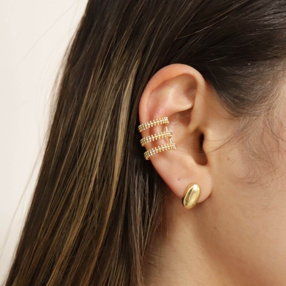 Piercing de Pressão Folheado a Ouro 18k Triplo Aro Bolinhas Dourado 3