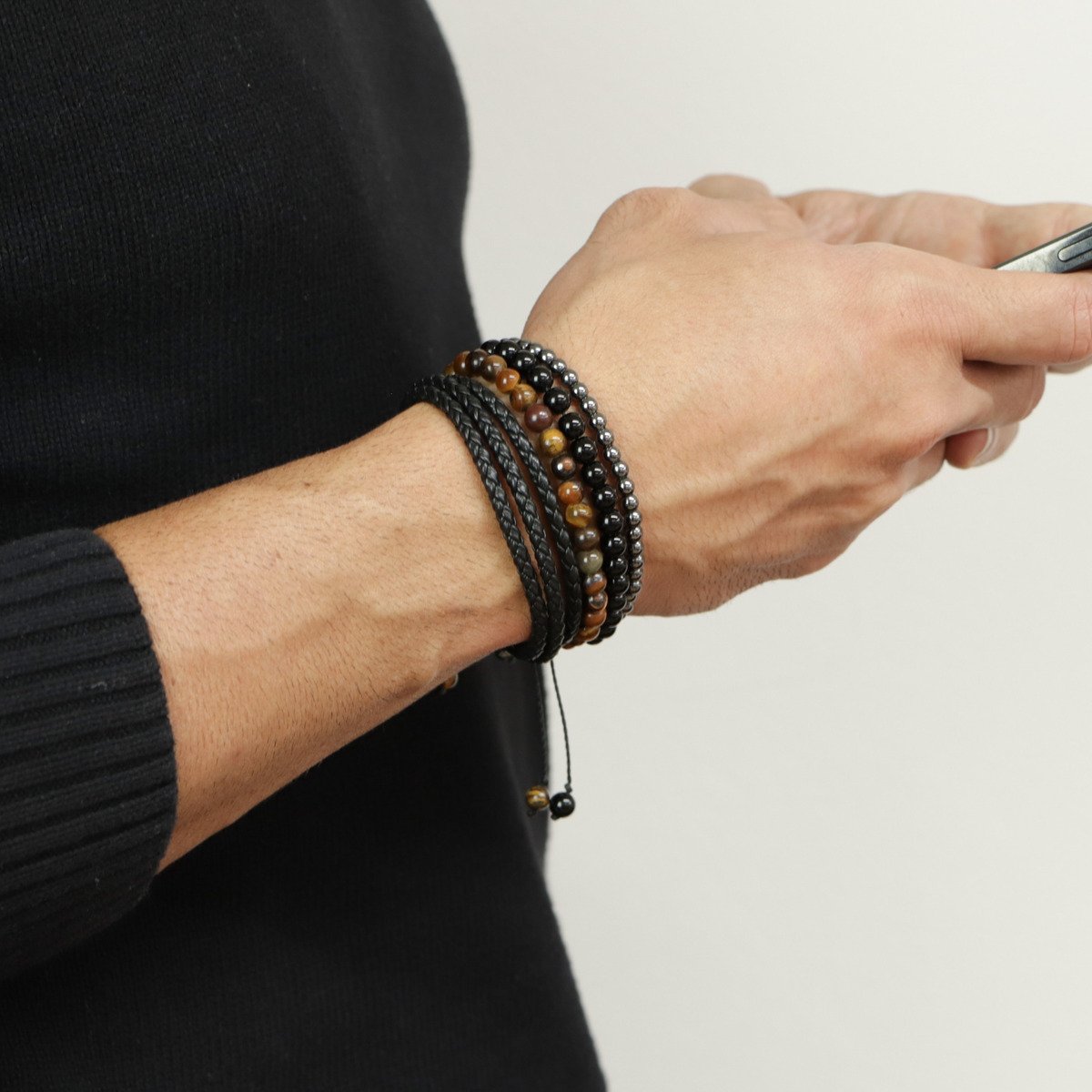 Pulseira Masculina Regulável Couro Marrom 3 Tiras Trançadas Fina Marrom 4