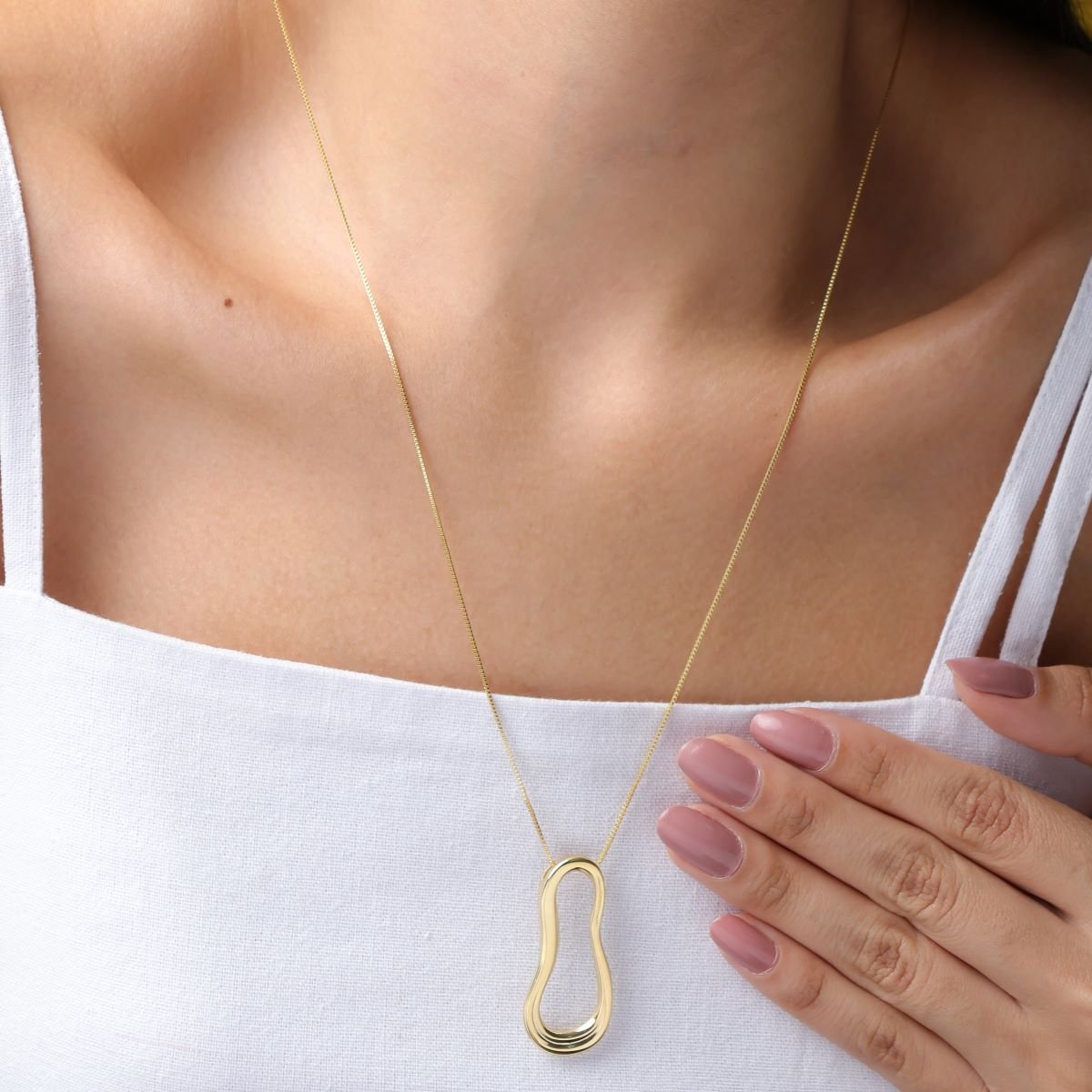 Colar Folheado a Ouro 18k Longo Orgânico Pingente Vazado Dourado 2