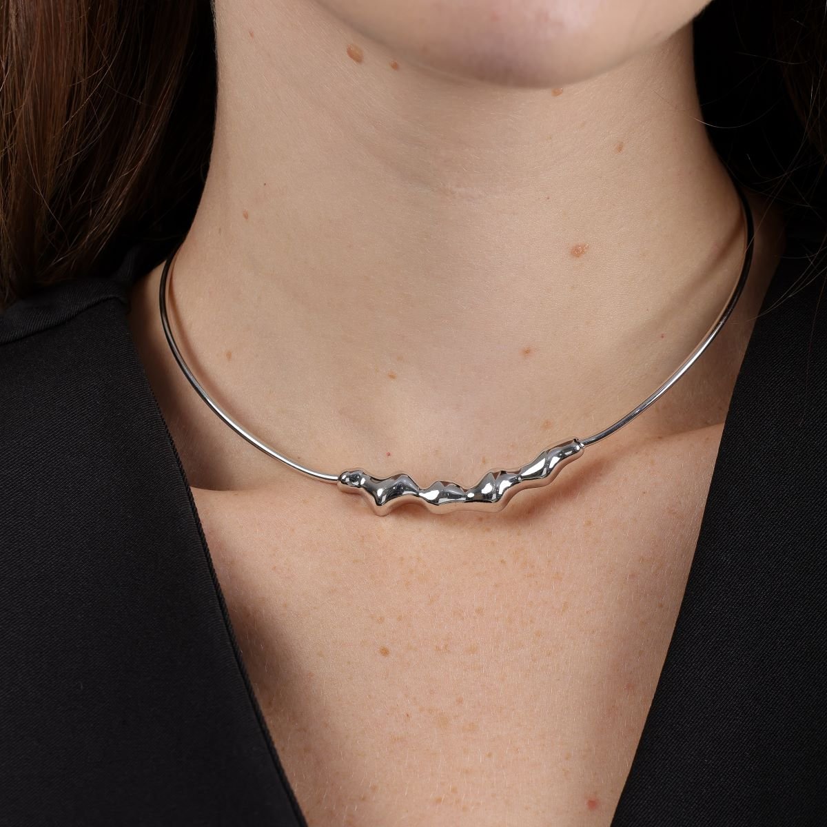 Choker Folheado a Ródio Rígido Aro Detalhes Orgânicos Prata 4