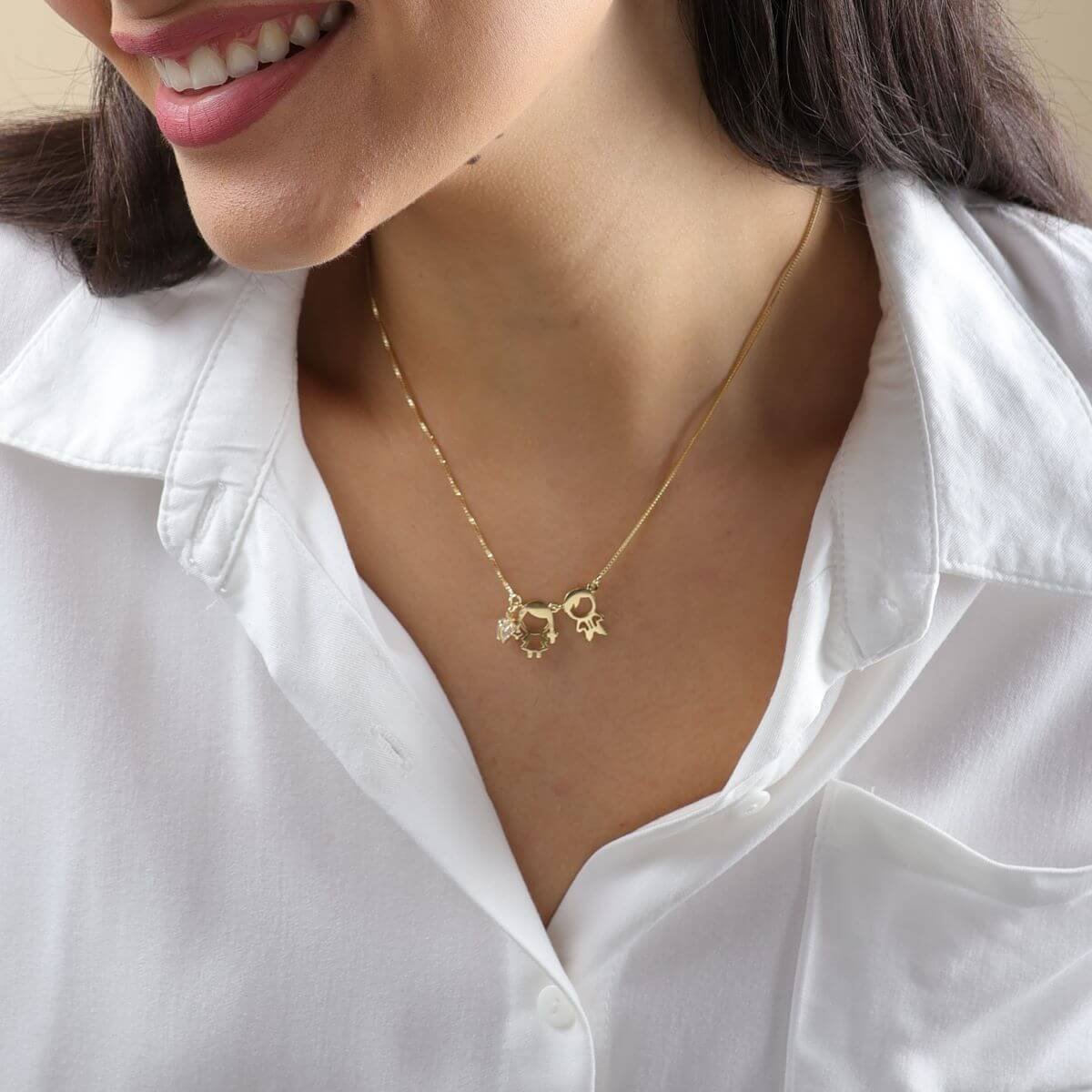 Colar Folheado a Ouro 18k Filho e Filha e Coração Zircônia Dourado 2