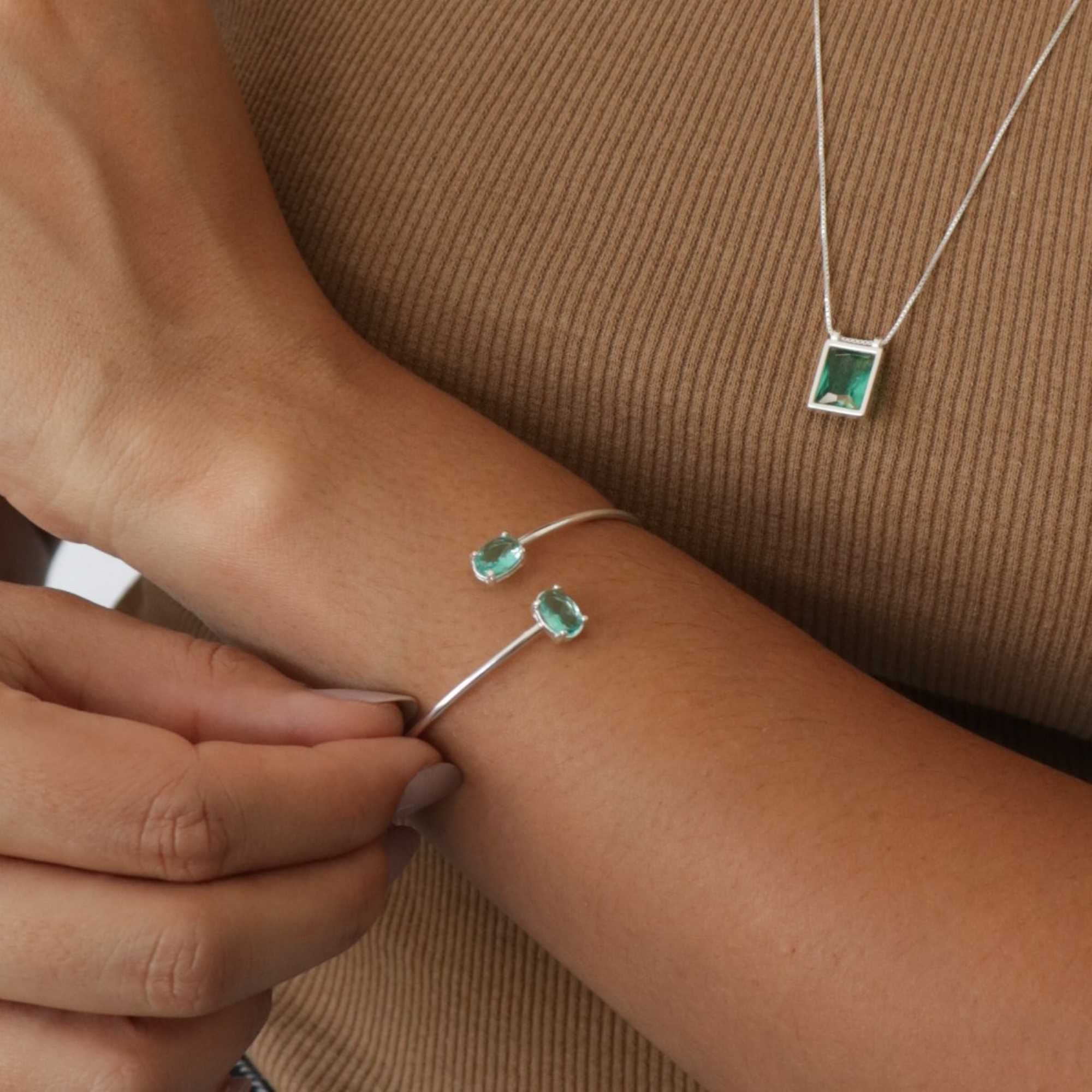 Bracelete Prata 925 Zircônia Oval Turmalina Prata/Verde 4