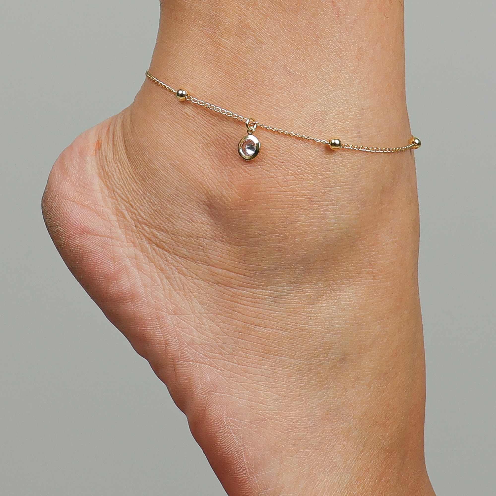 Tornozeleira Folheada a Ouro 18k Pingente Ponto de Luz Ouro 18k 2