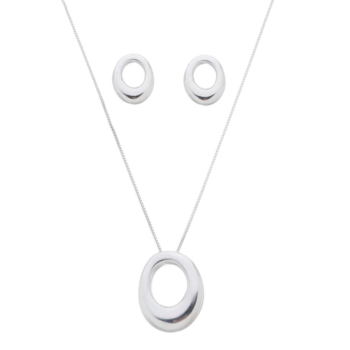 Kit Conjunto Orgânico Geométrico Oval Folheado a Ródio + Embalagem de Presente Prata 2