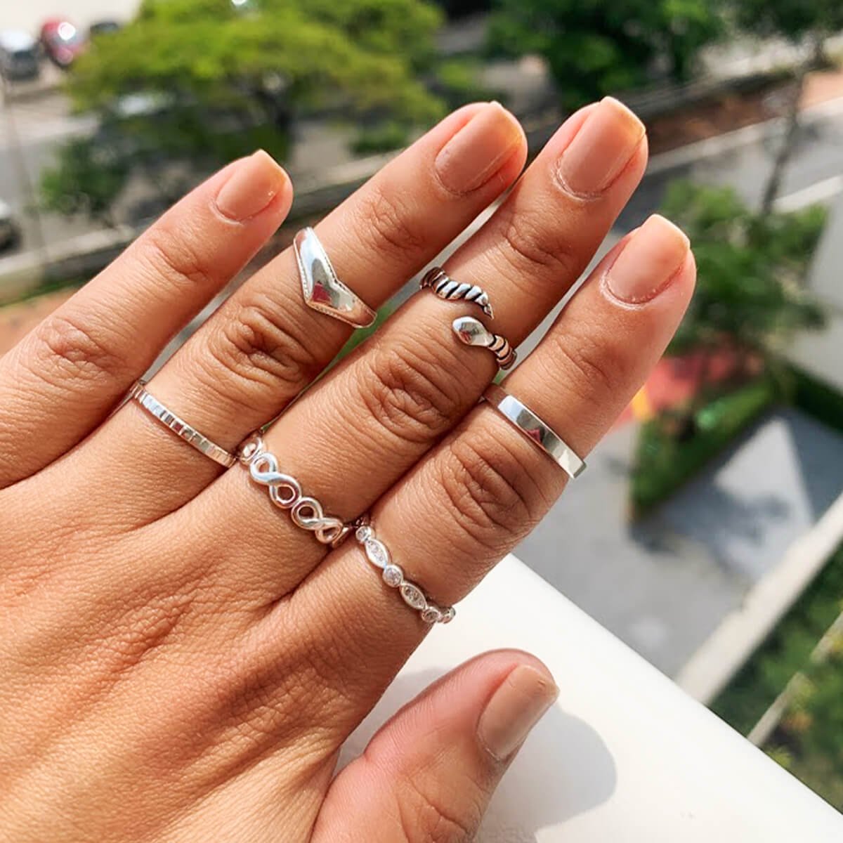 Anel Prata 925 Aparador Detalhes Ovais e Círculos Zircônia Prata 3