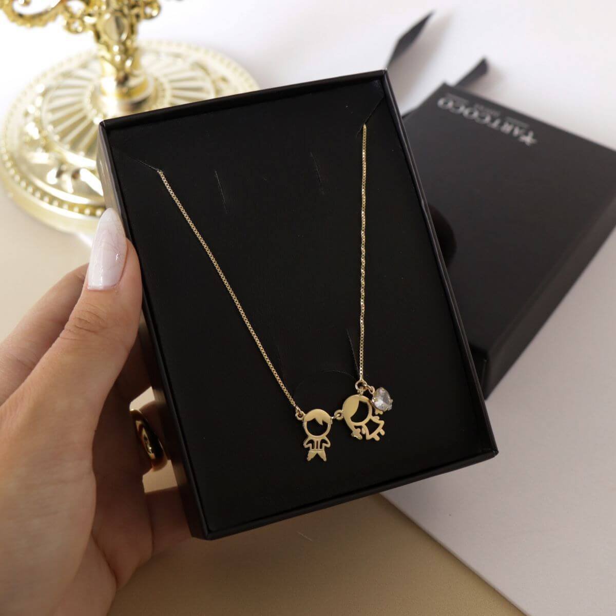 Kit Colar Filho e Filha Coração Folheado a Ouro 18k + Embalagem de Presente