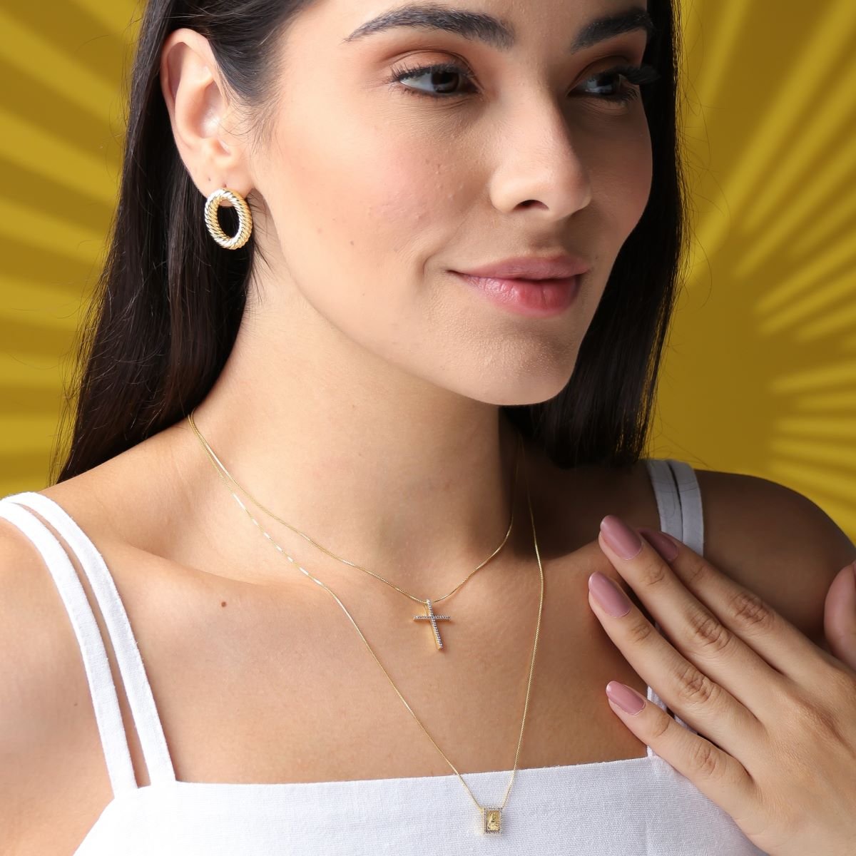 Colar Folheado a Ouro 18k Crucifixo Zircônia Cravejada Dourado 3