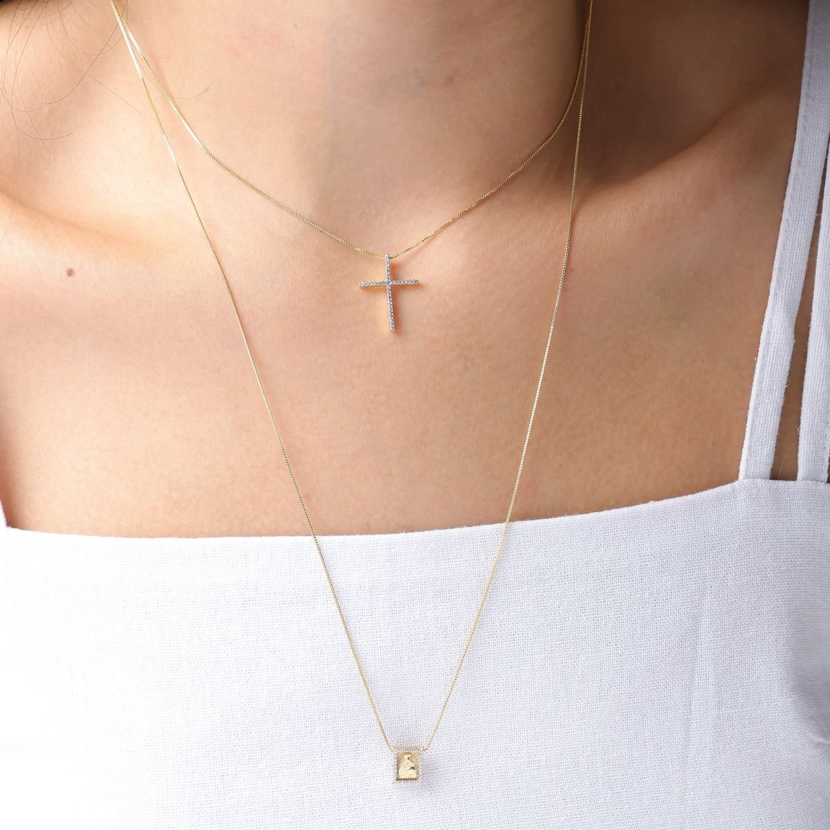 Colar Folheado a Ouro 18k Crucifixo Zircônia Cravejada Dourado 4