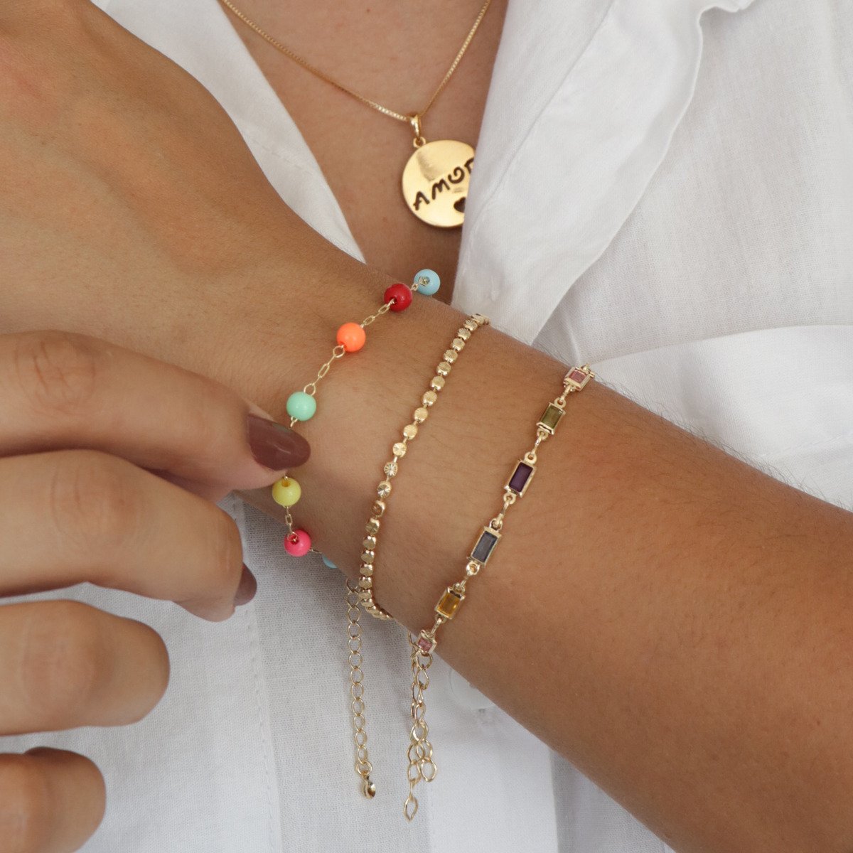 Pulseira Folheada a Ouro 18k Corrente Medalhas com Estrelas Ouro 18k 3