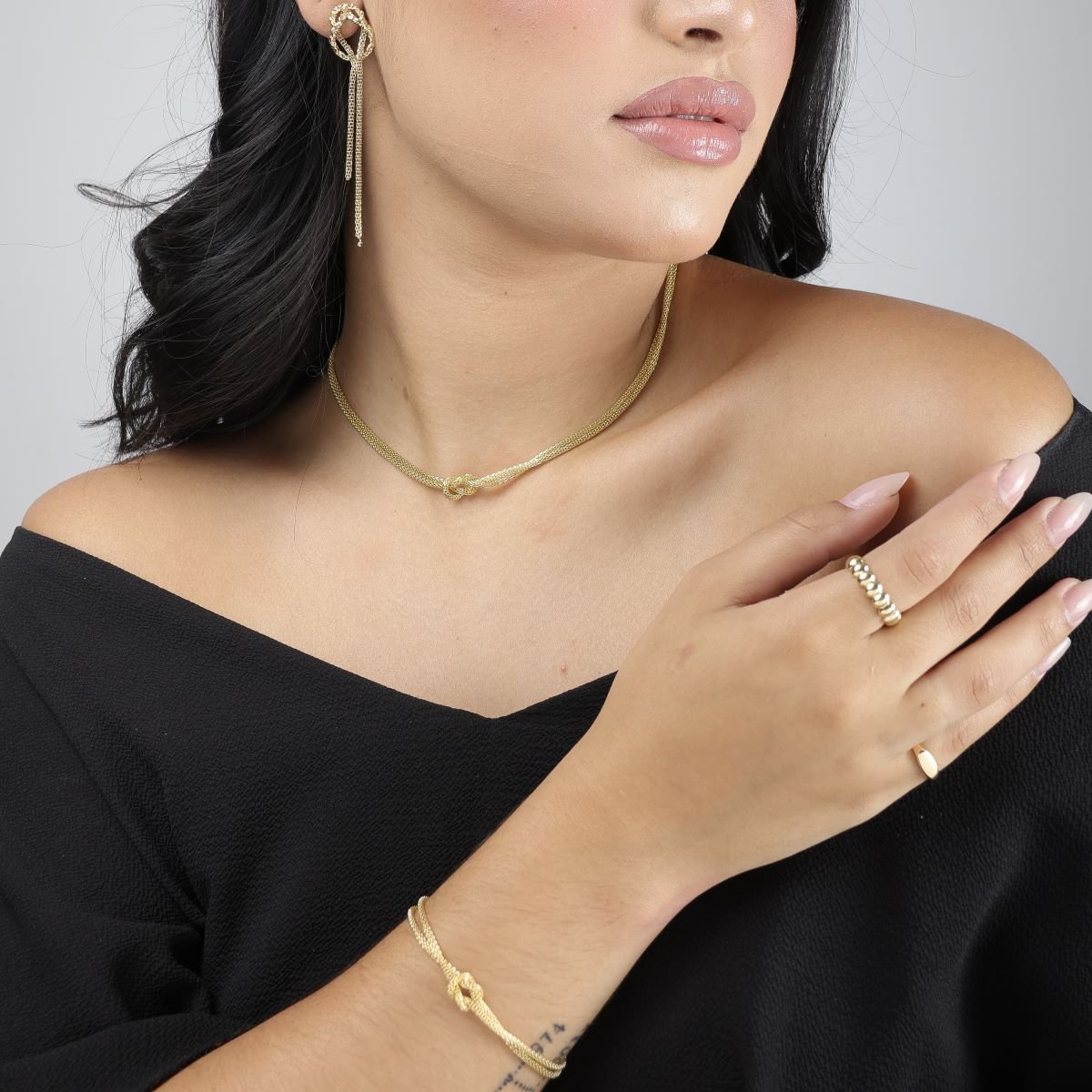 Choker Folheado a Ouro 18k Corrente Dupla Malha Oca Nó Ouro 18k 3