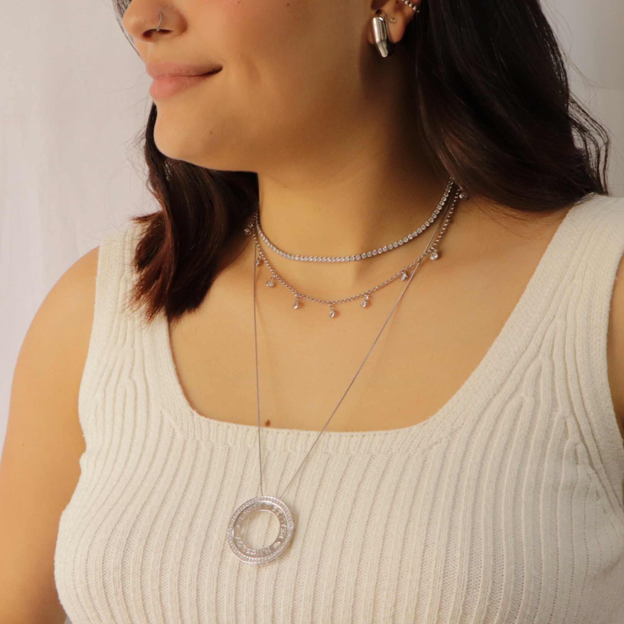 Choker Folheado a Ródio Elo Português e Cristais Prata 3